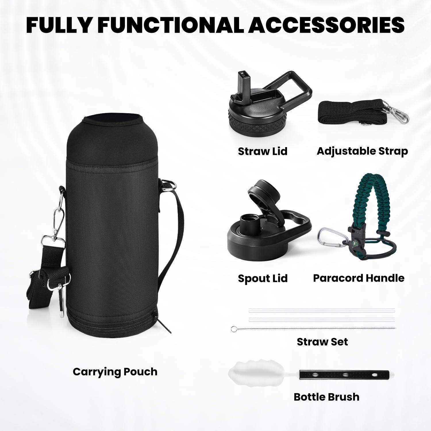 imageInsulated Water Bottle 64 oz Triple Wall Vacuum Stainless Steel Cold for 48 Hrs Leak Proof ampamp NonBPA Half Gallon Water Flask Jug with Paracord Handle ampamp Straw Spout LidsDark Green