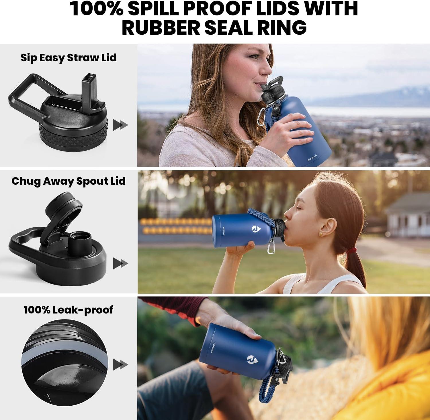 imageInsulated Water Bottle 64 oz Triple Wall Vacuum Stainless Steel Cold for 48 Hrs Leak Proof ampamp NonBPA Half Gallon Water Flask Jug with Paracord Handle ampamp Straw Spout LidsNavy Blue