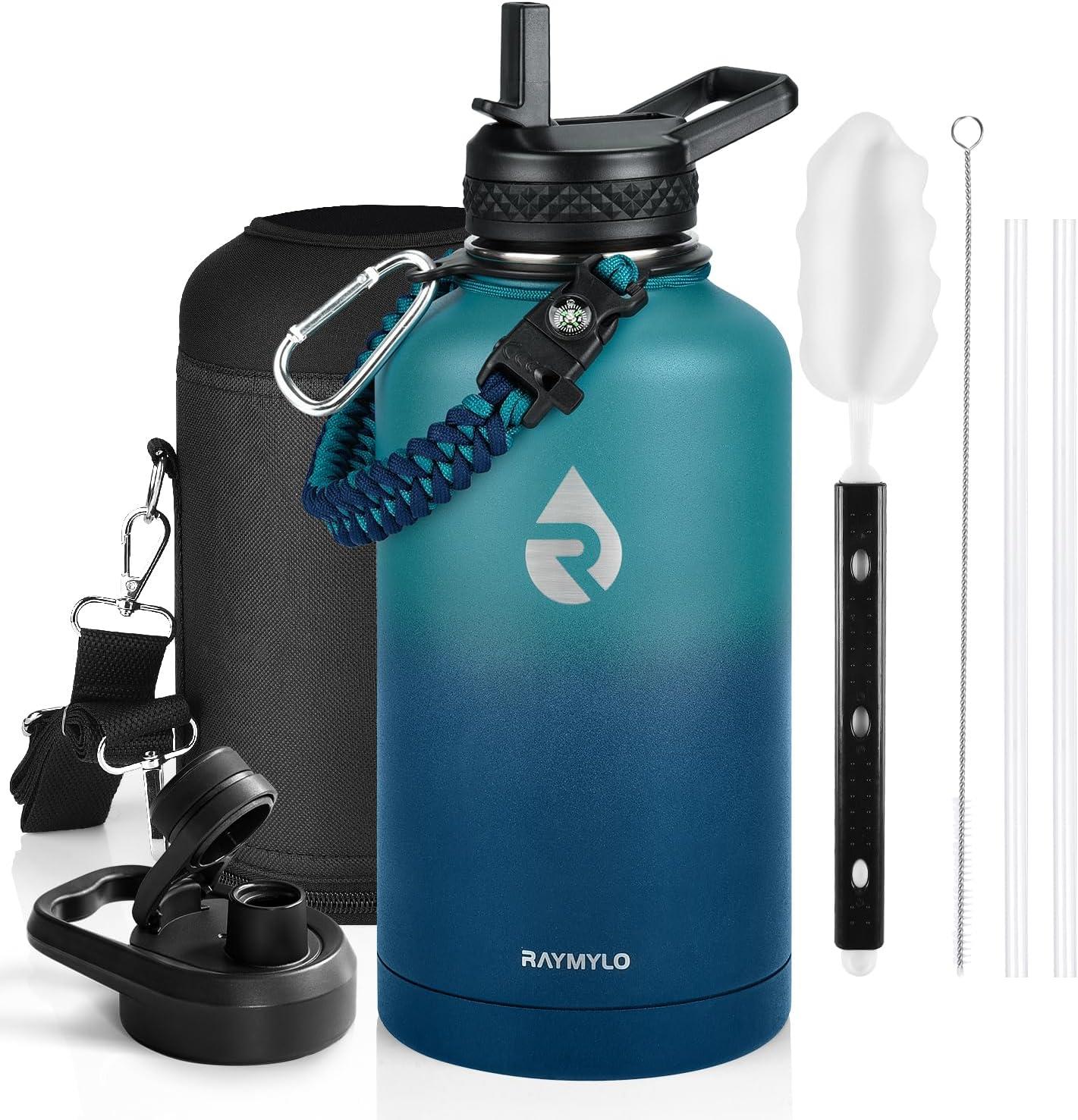 imageInsulated Water Bottle 64 oz Triple Wall Vacuum Stainless Steel Cold for 48 Hrs Leak Proof ampamp NonBPA Half Gallon Water Flask Jug with Paracord Handle ampamp Straw Spout LidsCyan Blue
