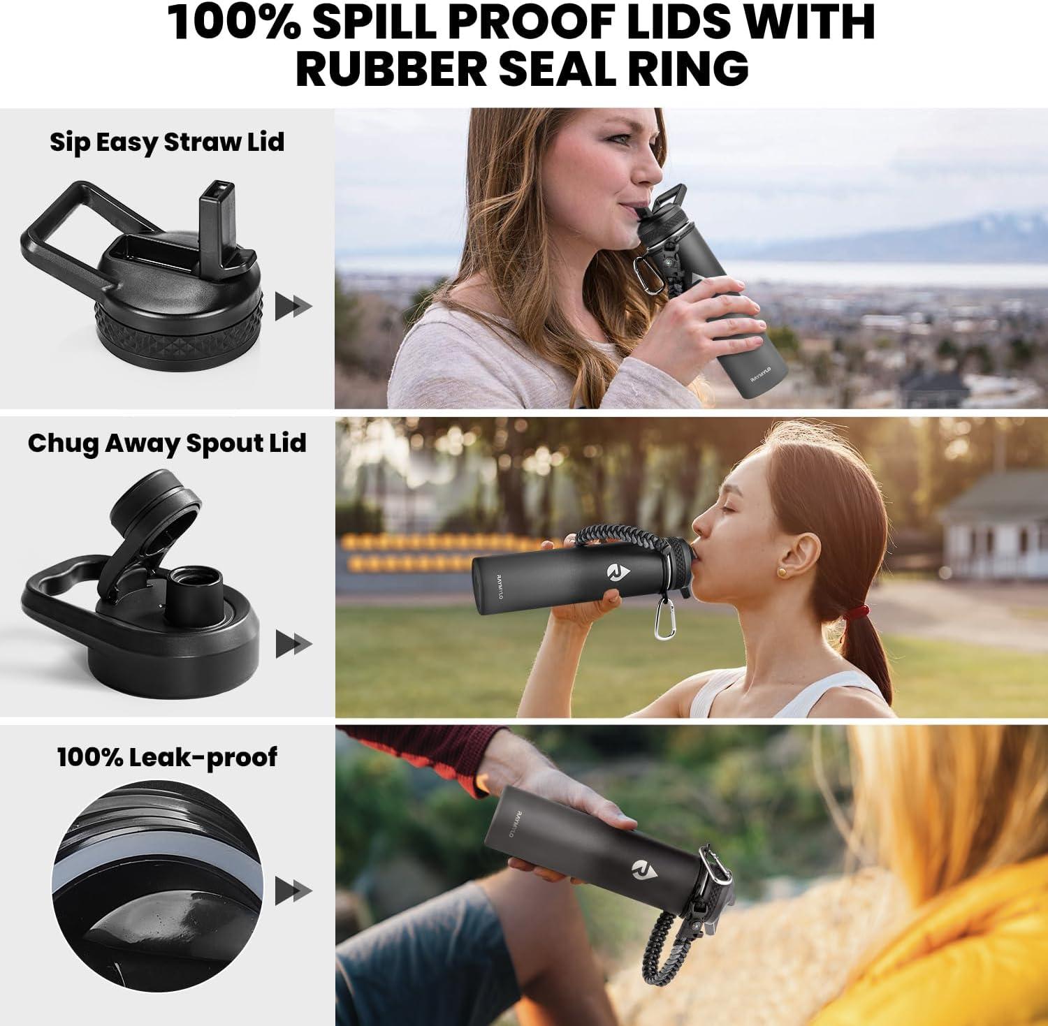imageInsulated Water Bottle 64 oz Triple Wall Vacuum Stainless Steel Cold for 48 Hrs Leak Proof ampamp NonBPA Half Gallon Water Flask Jug with Paracord Handle ampamp Straw Spout LidsDark Gray