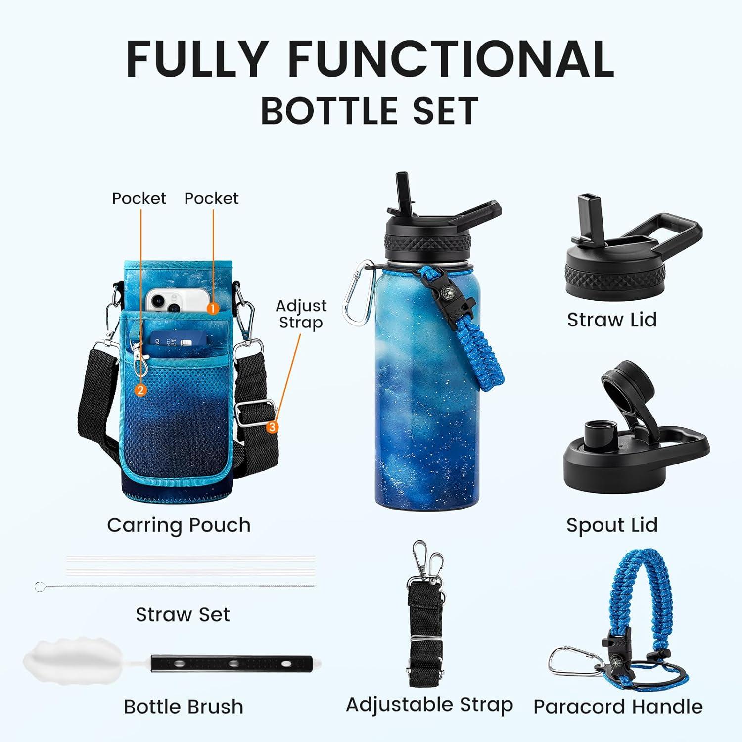 imageInsulated Water Bottle 64 oz Triple Wall Vacuum Stainless Steel Cold for 48 Hrs Leak Proof ampamp NonBPA Half Gallon Water Flask Jug with Paracord Handle ampamp Straw Spout LidsAuroraBlue