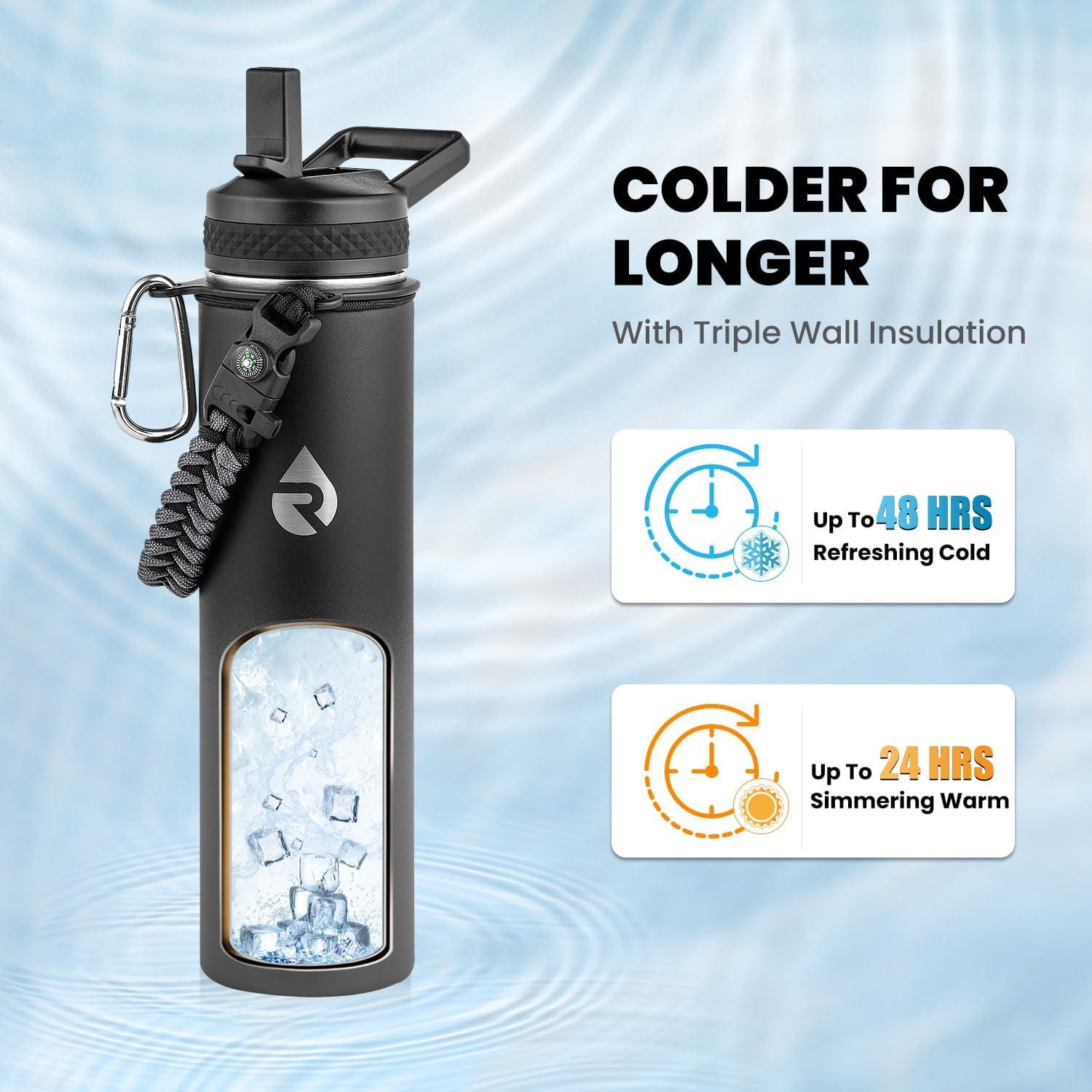 imageInsulated Water Bottle 64 oz Triple Wall Vacuum Stainless Steel Cold for 48 Hrs Leak Proof ampamp NonBPA Half Gallon Water Flask Jug with Paracord Handle ampamp Straw Spout LidsDark Gray