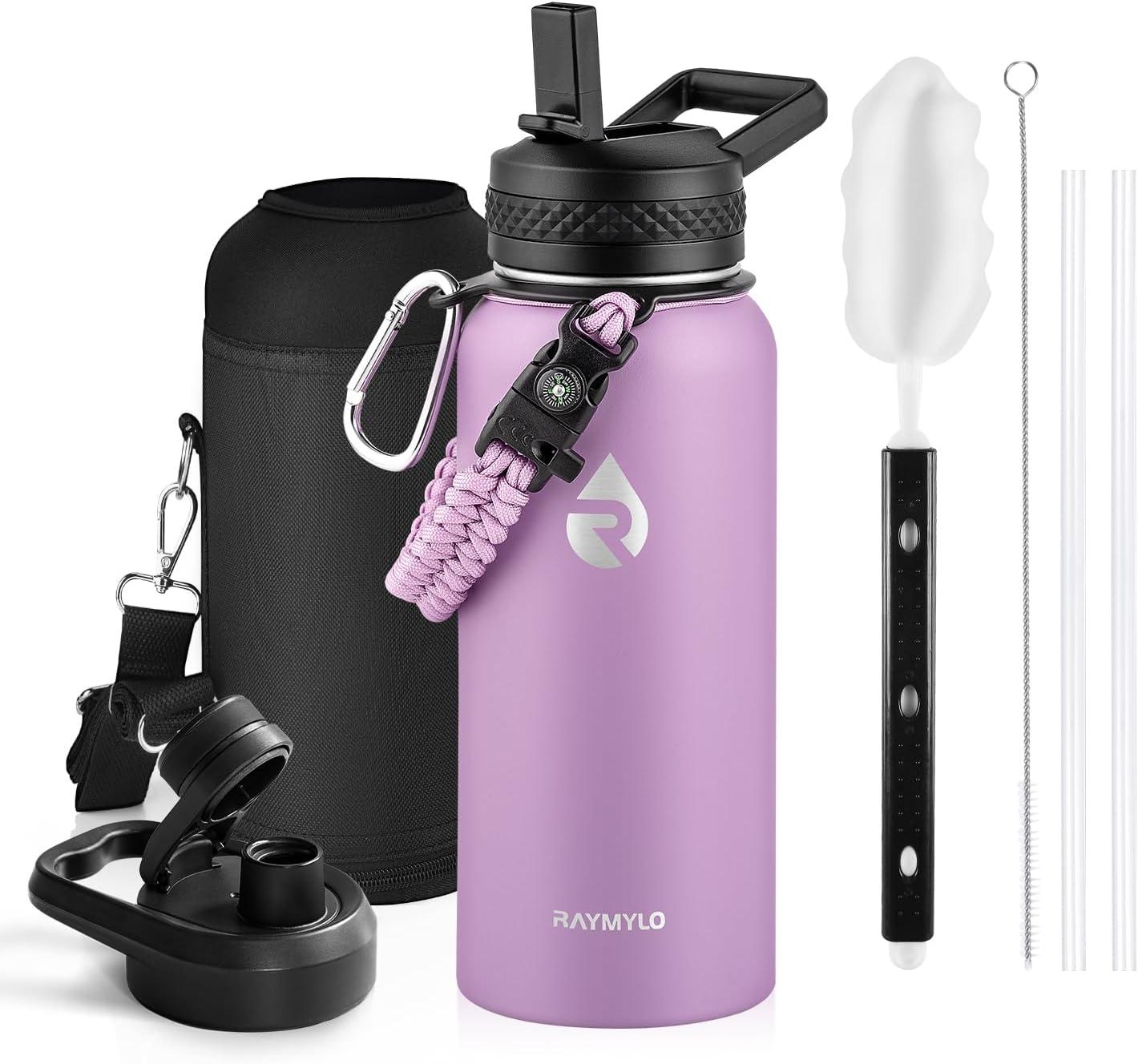 imageInsulated Water Bottle 64 oz Triple Wall Vacuum Stainless Steel Cold for 48 Hrs Leak Proof ampamp NonBPA Half Gallon Water Flask Jug with Paracord Handle ampamp Straw Spout LidsLilac