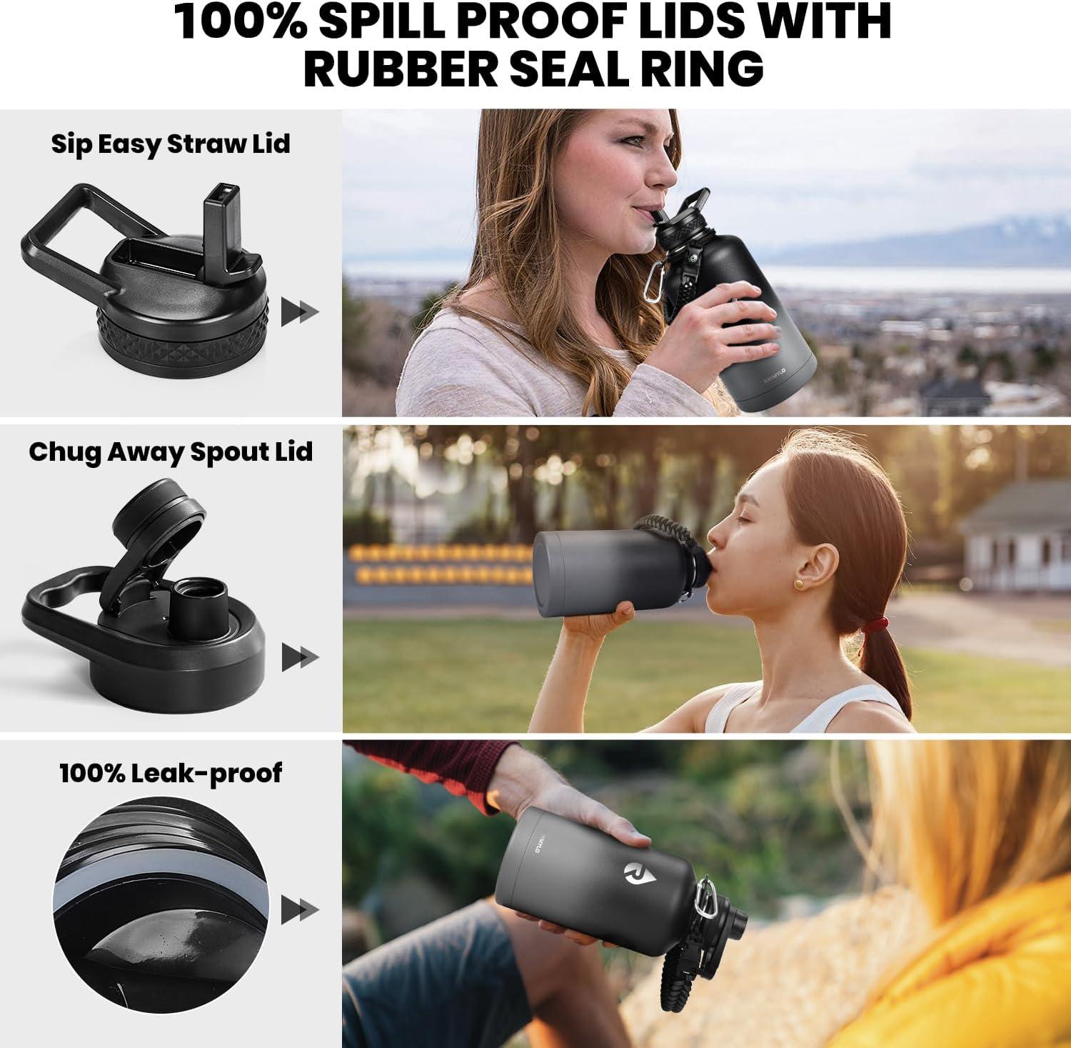 imageInsulated Water Bottle 64 oz Triple Wall Vacuum Stainless Steel Cold for 48 Hrs Leak Proof ampamp NonBPA Half Gallon Water Flask Jug with Paracord Handle ampamp Straw Spout LidsDark Gray