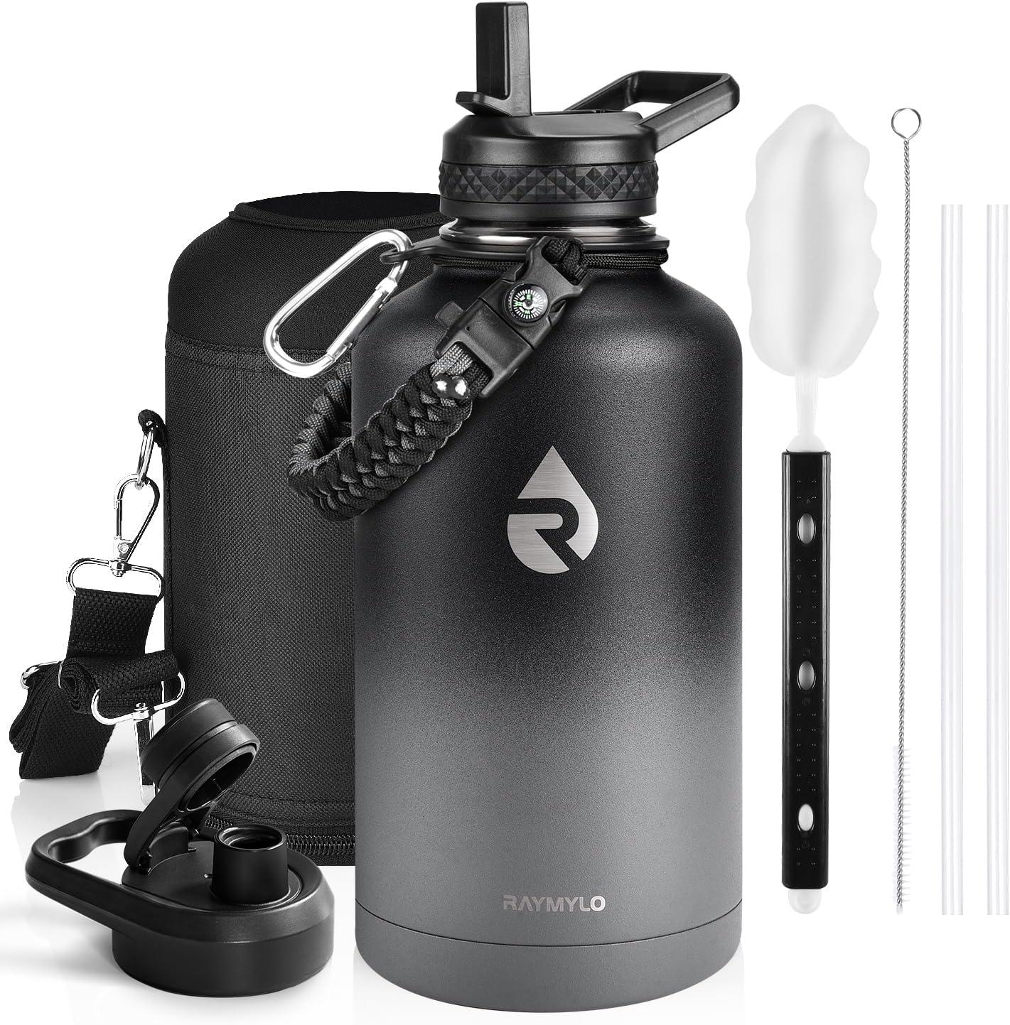 imageInsulated Water Bottle 64 oz Triple Wall Vacuum Stainless Steel Cold for 48 Hrs Leak Proof ampamp NonBPA Half Gallon Water Flask Jug with Paracord Handle ampamp Straw Spout LidsDark Gray
