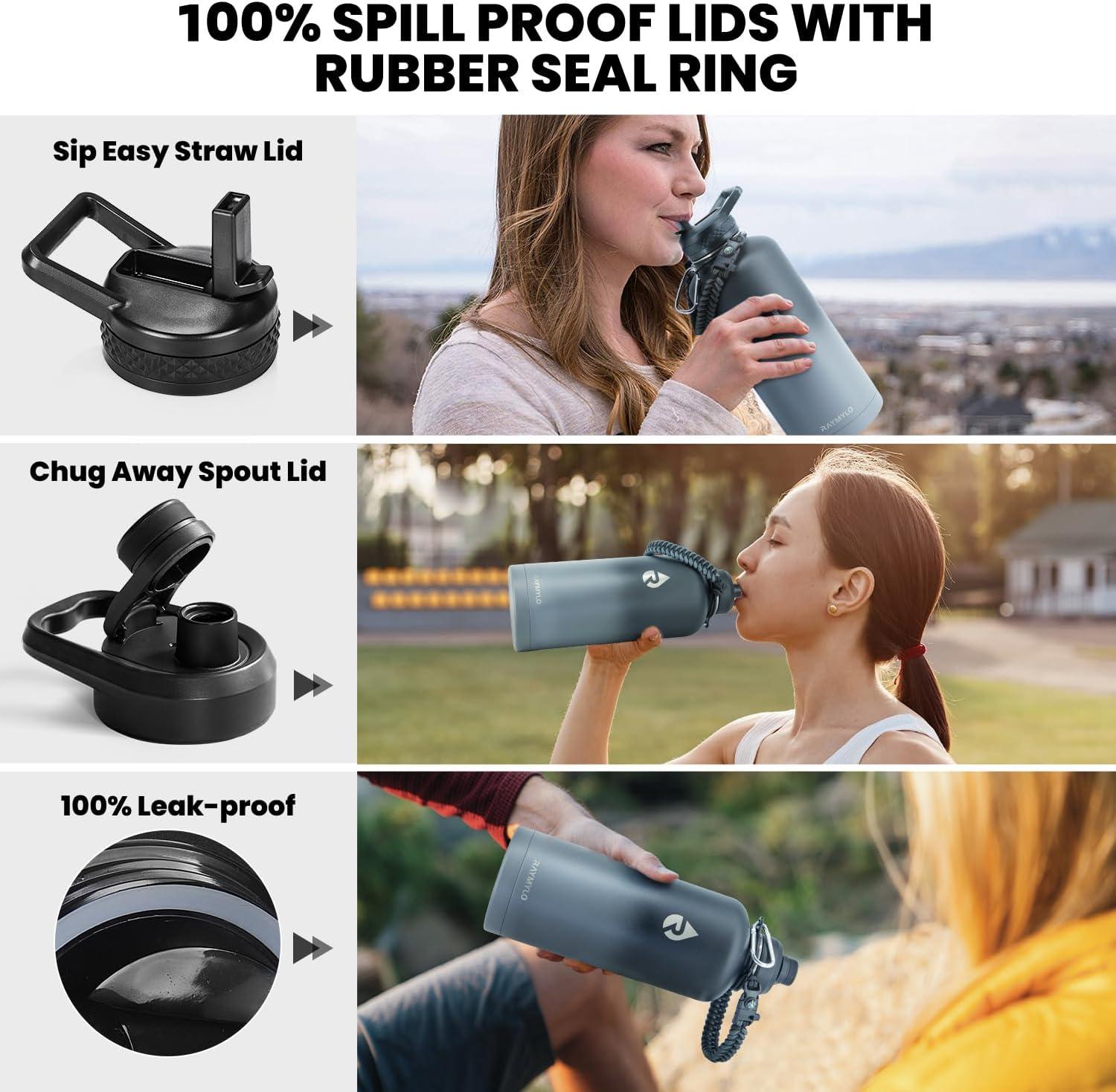 imageInsulated Water Bottle 64 oz Triple Wall Vacuum Stainless Steel Cold for 48 Hrs Leak Proof ampamp NonBPA Half Gallon Water Flask Jug with Paracord Handle ampamp Straw Spout LidsDark Gray