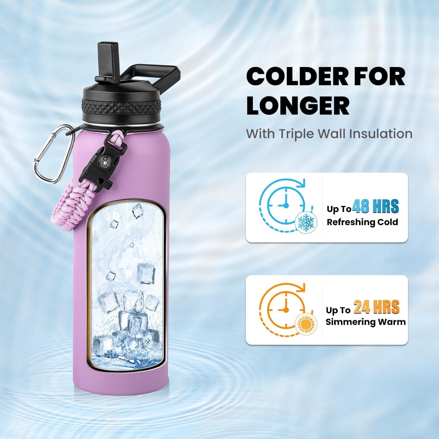 imageInsulated Water Bottle 64 oz Triple Wall Vacuum Stainless Steel Cold for 48 Hrs Leak Proof ampamp NonBPA Half Gallon Water Flask Jug with Paracord Handle ampamp Straw Spout LidsLilac