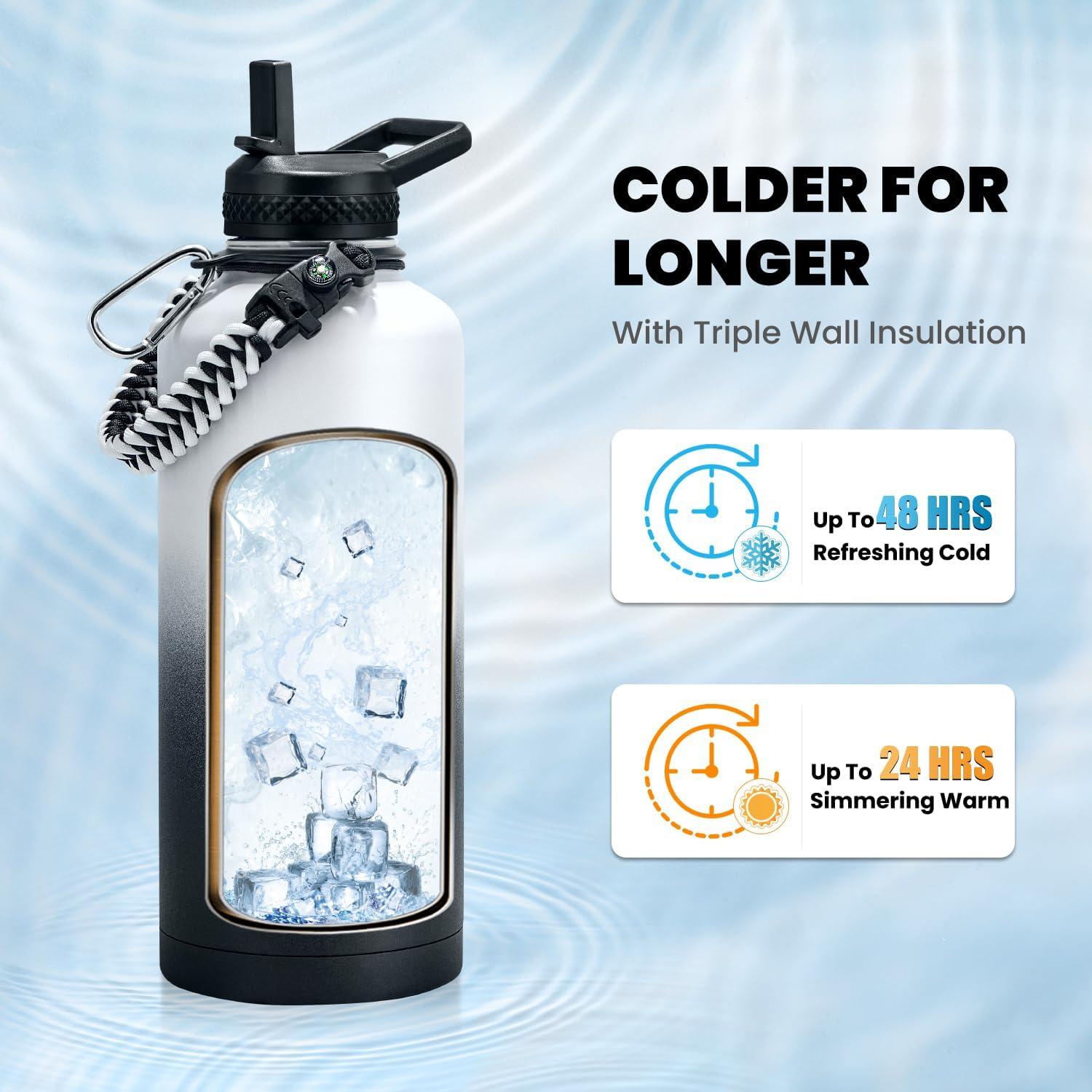 imageInsulated Water Bottle 64 oz Triple Wall Vacuum Stainless Steel Cold for 48 Hrs Leak Proof ampamp NonBPA Half Gallon Water Flask Jug with Paracord Handle ampamp Straw Spout LidsOmbre WhiteBlack