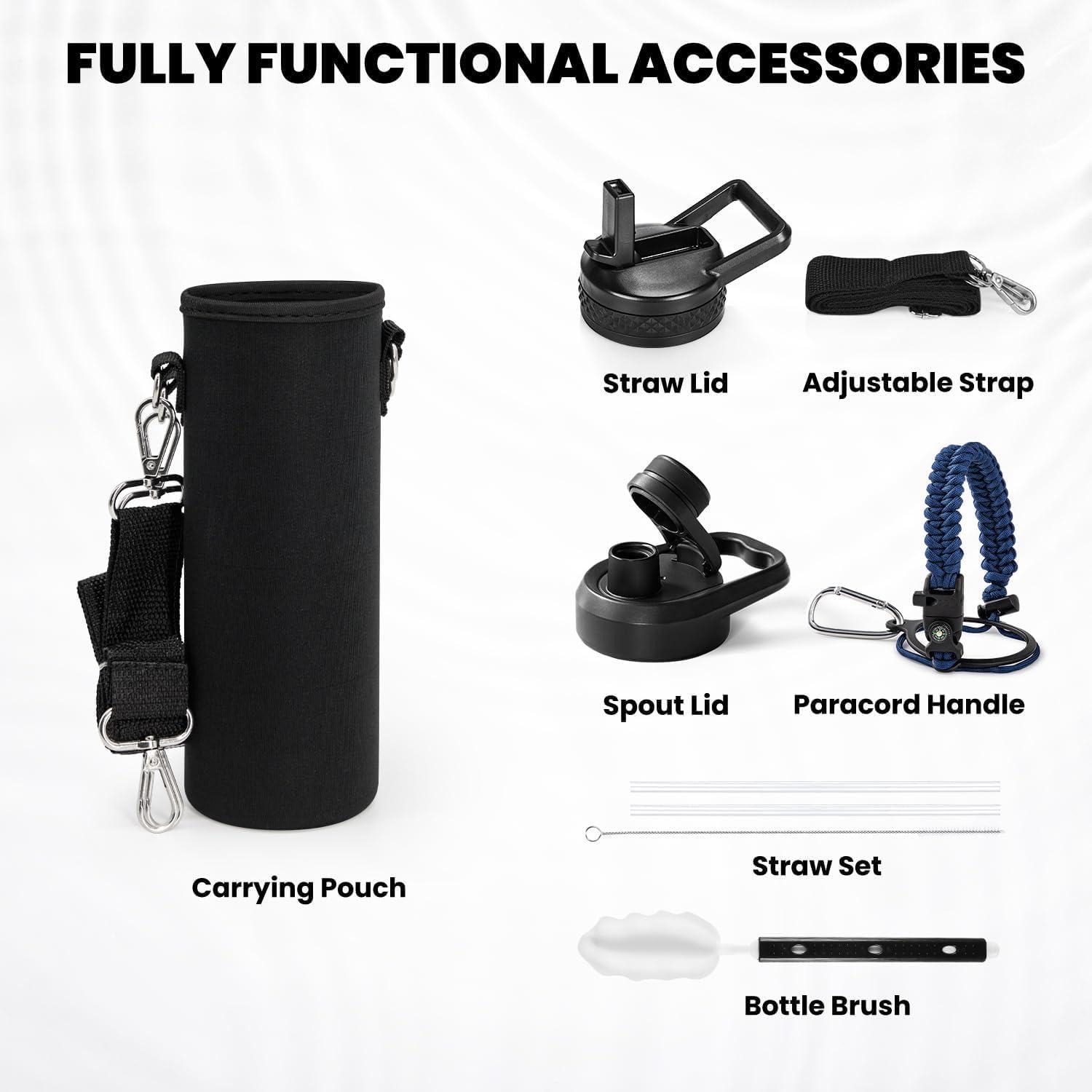 imageInsulated Water Bottle 64 oz Triple Wall Vacuum Stainless Steel Cold for 48 Hrs Leak Proof ampamp NonBPA Half Gallon Water Flask Jug with Paracord Handle ampamp Straw Spout LidsNavy Blue