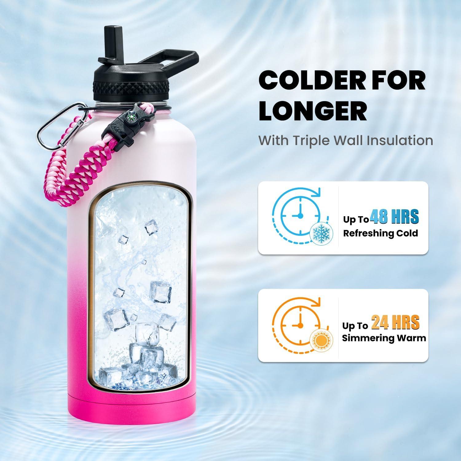 imageInsulated Water Bottle 64 oz Triple Wall Vacuum Stainless Steel Cold for 48 Hrs Leak Proof ampamp NonBPA Half Gallon Water Flask Jug with Paracord Handle ampamp Straw Spout LidsOmbre Pink