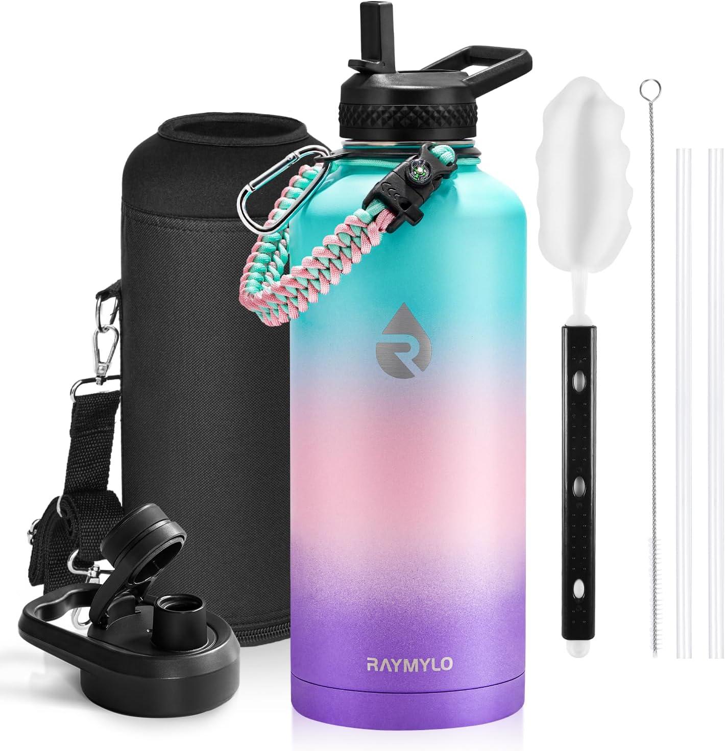 imageInsulated Water Bottle 64 oz Triple Wall Vacuum Stainless Steel Cold for 48 Hrs Leak Proof ampamp NonBPA Half Gallon Water Flask Jug with Paracord Handle ampamp Straw Spout LidsHydrangea