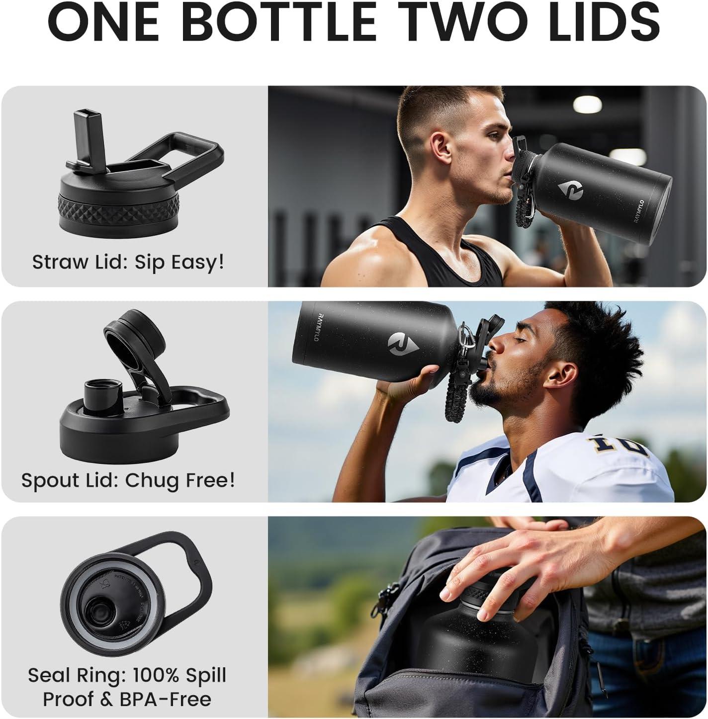 imageInsulated Water Bottle 64 oz Triple Wall Vacuum Stainless Steel Cold for 48 Hrs Leak Proof ampamp NonBPA Half Gallon Water Flask Jug with Paracord Handle ampamp Straw Spout LidsStarry SkyBlack