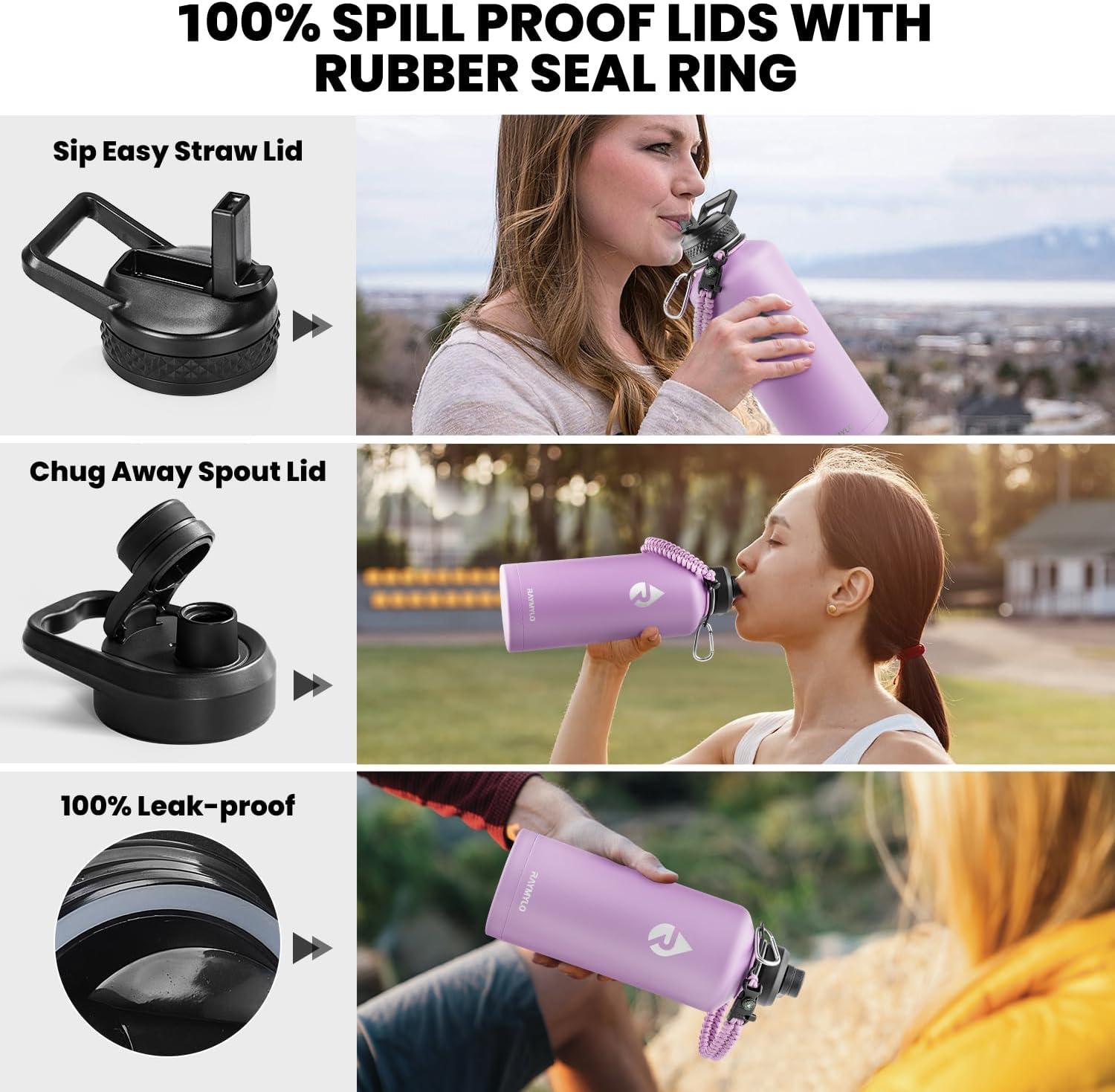 imageInsulated Water Bottle 64 oz Triple Wall Vacuum Stainless Steel Cold for 48 Hrs Leak Proof ampamp NonBPA Half Gallon Water Flask Jug with Paracord Handle ampamp Straw Spout LidsLilac