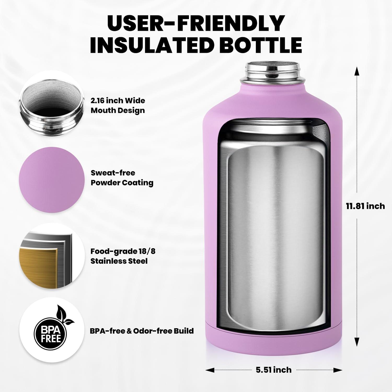 imageInsulated Water Bottle 64 oz Triple Wall Vacuum Stainless Steel Cold for 48 Hrs Leak Proof ampamp NonBPA Half Gallon Water Flask Jug with Paracord Handle ampamp Straw Spout LidsLilac