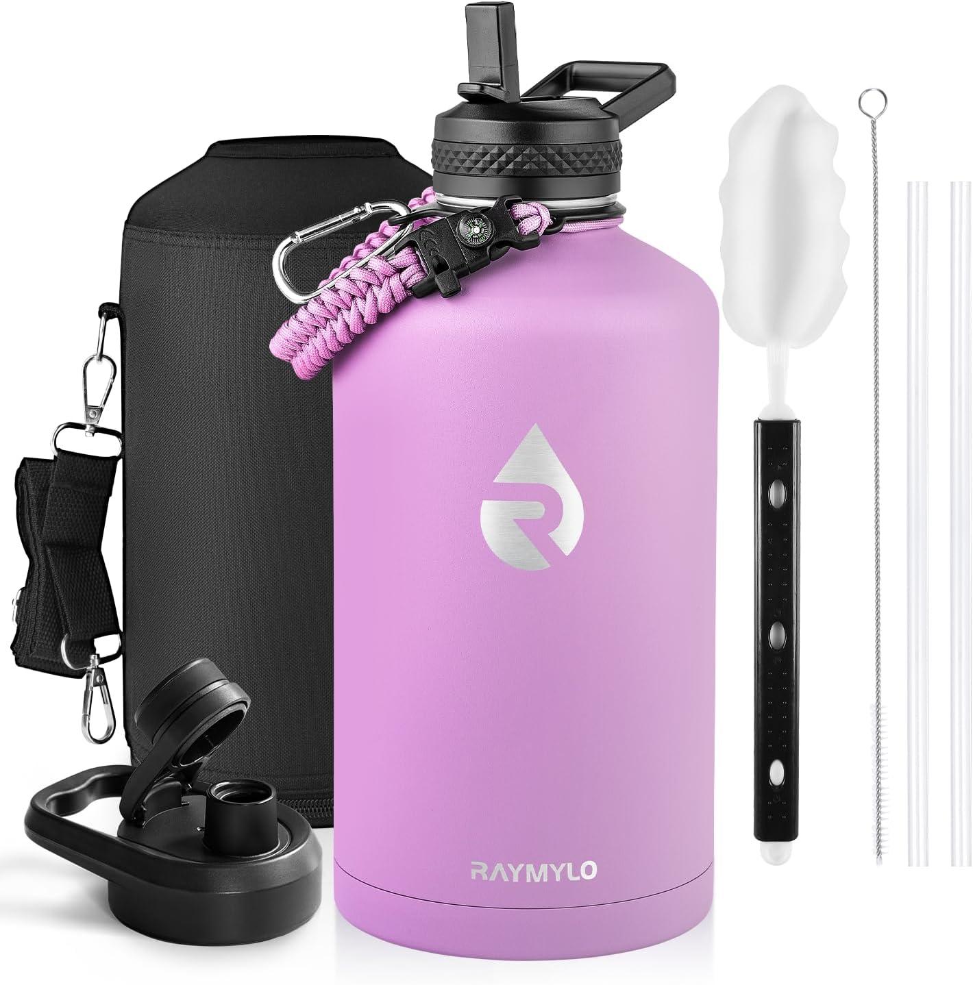 imageInsulated Water Bottle 64 oz Triple Wall Vacuum Stainless Steel Cold for 48 Hrs Leak Proof ampamp NonBPA Half Gallon Water Flask Jug with Paracord Handle ampamp Straw Spout LidsLilac