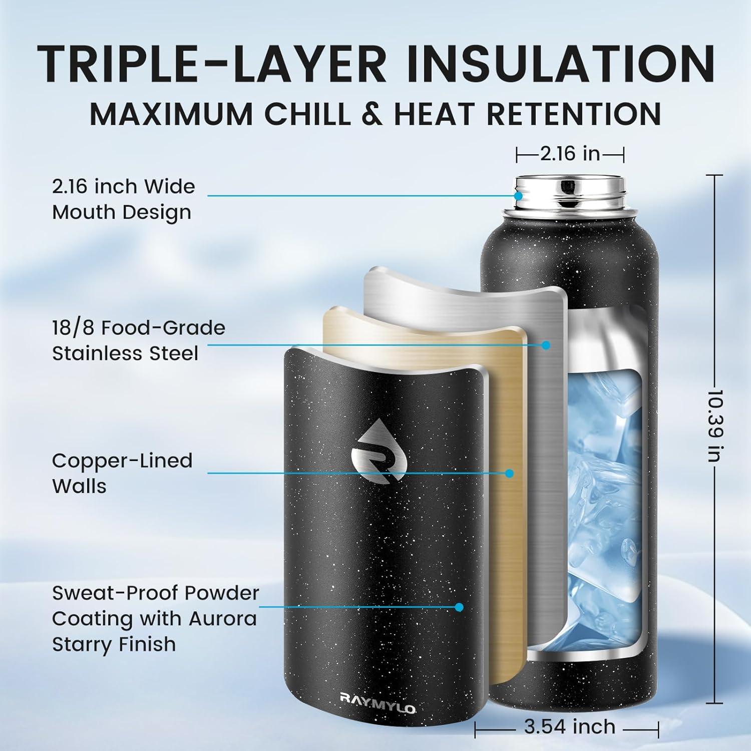 imageInsulated Water Bottle 64 oz Triple Wall Vacuum Stainless Steel Cold for 48 Hrs Leak Proof ampamp NonBPA Half Gallon Water Flask Jug with Paracord Handle ampamp Straw Spout LidsStarry SkyBlack