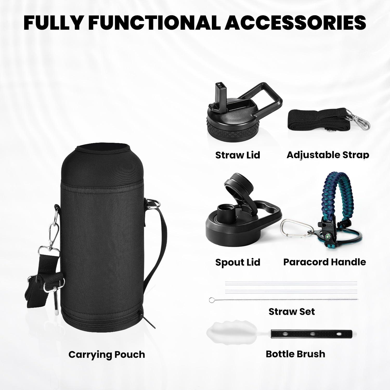 imageInsulated Water Bottle 64 oz Triple Wall Vacuum Stainless Steel Cold for 48 Hrs Leak Proof ampamp NonBPA Half Gallon Water Flask Jug with Paracord Handle ampamp Straw Spout LidsCyan Blue