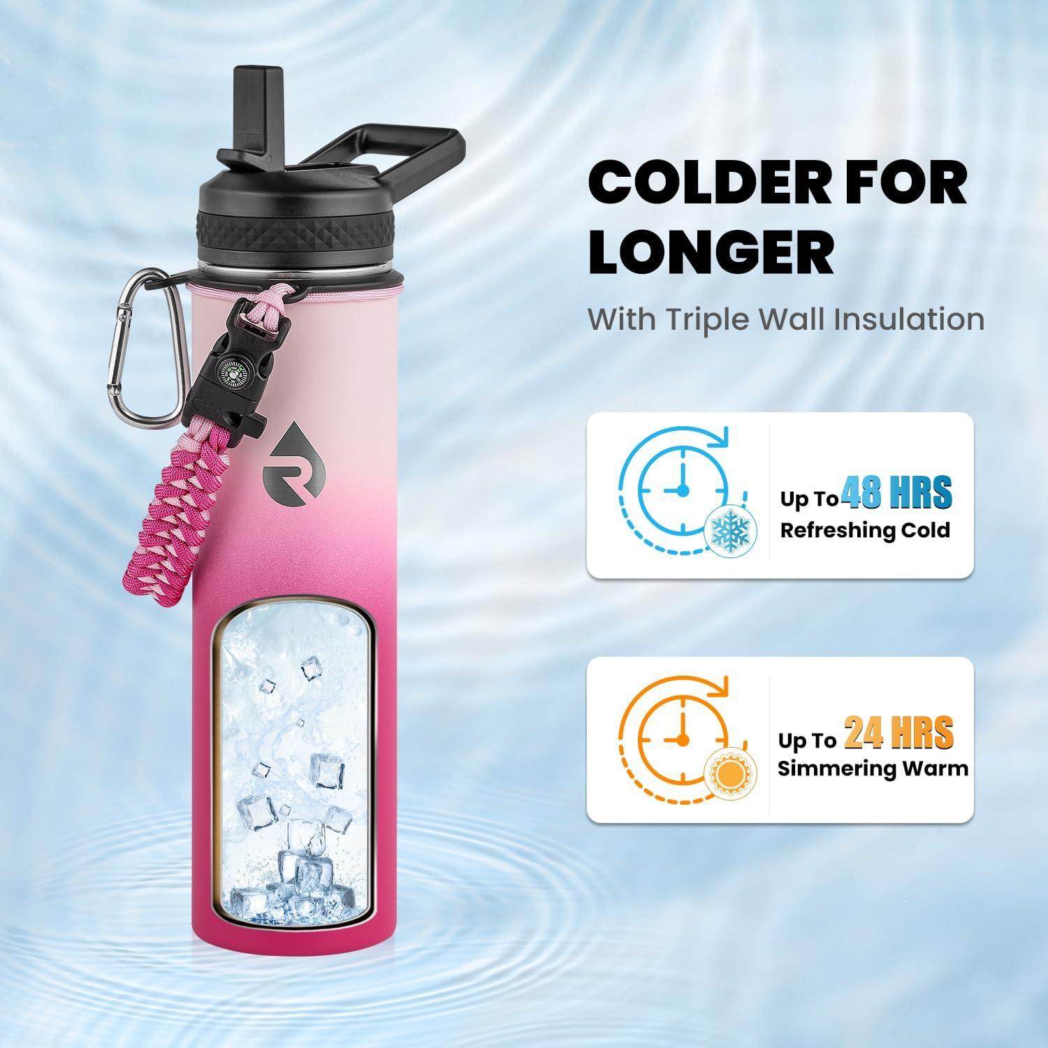 imageInsulated Water Bottle 64 oz Triple Wall Vacuum Stainless Steel Cold for 48 Hrs Leak Proof ampamp NonBPA Half Gallon Water Flask Jug with Paracord Handle ampamp Straw Spout LidsOmbre Pink