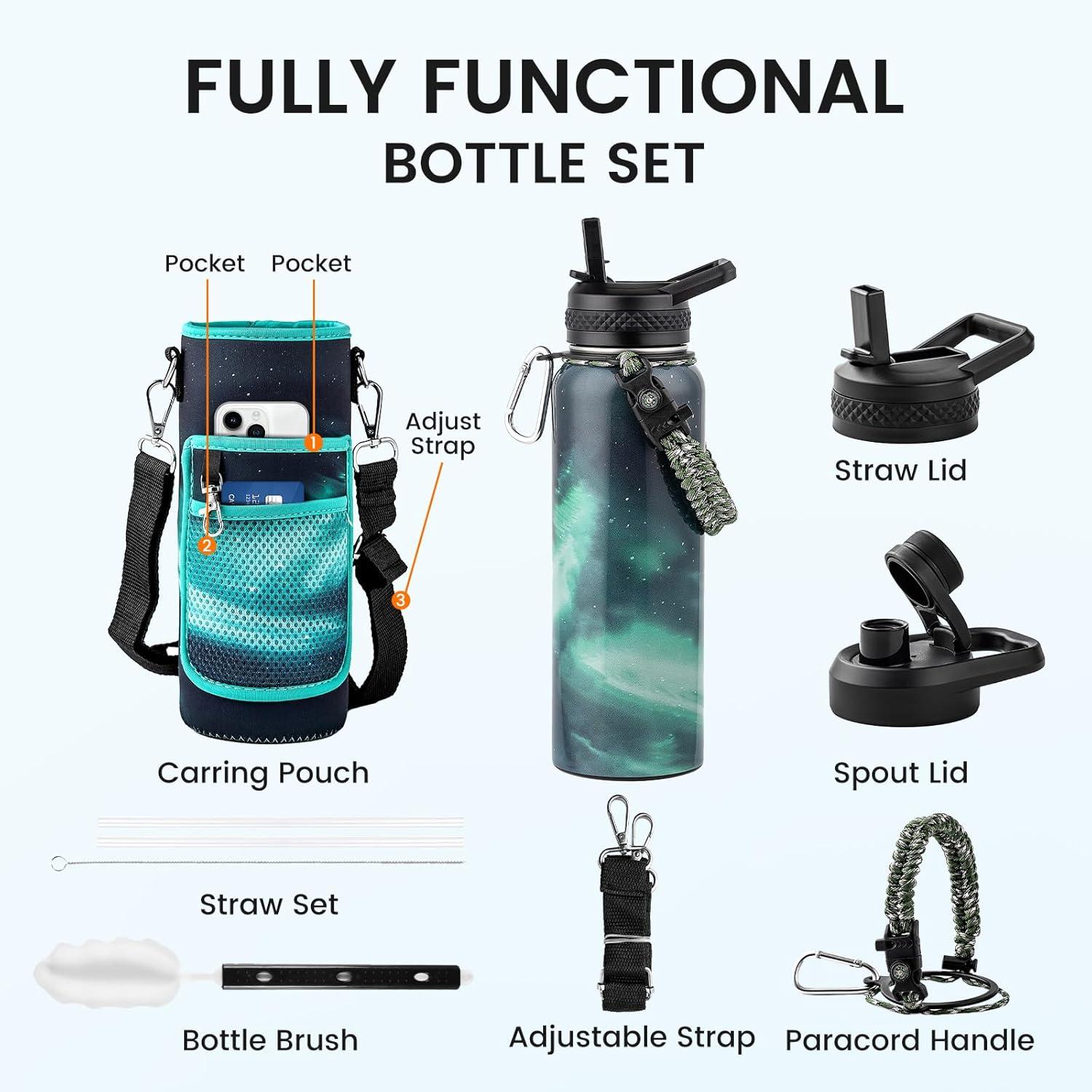 imageInsulated Water Bottle 64 oz Triple Wall Vacuum Stainless Steel Cold for 48 Hrs Leak Proof ampamp NonBPA Half Gallon Water Flask Jug with Paracord Handle ampamp Straw Spout LidsAuroraGreen