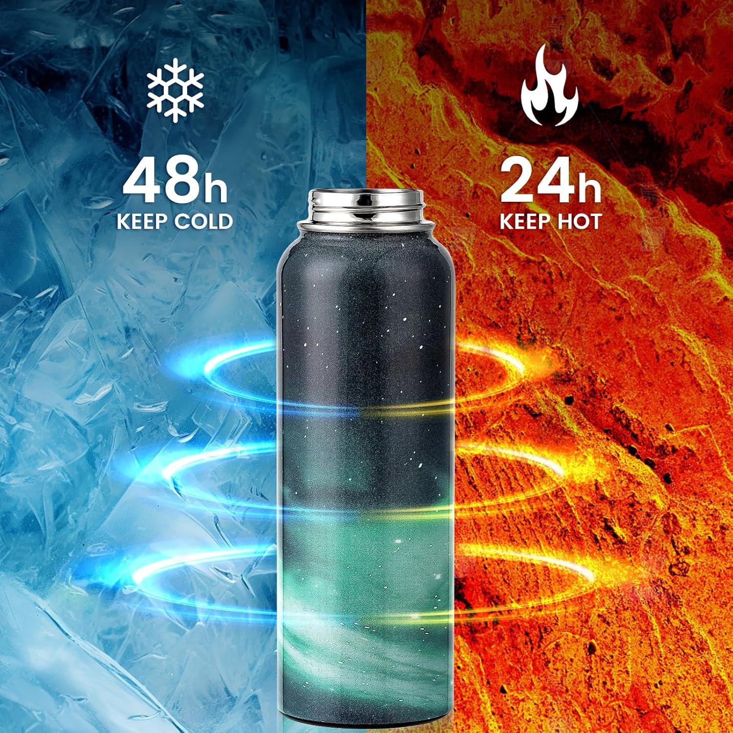 imageInsulated Water Bottle 64 oz Triple Wall Vacuum Stainless Steel Cold for 48 Hrs Leak Proof ampamp NonBPA Half Gallon Water Flask Jug with Paracord Handle ampamp Straw Spout LidsAuroraGreen