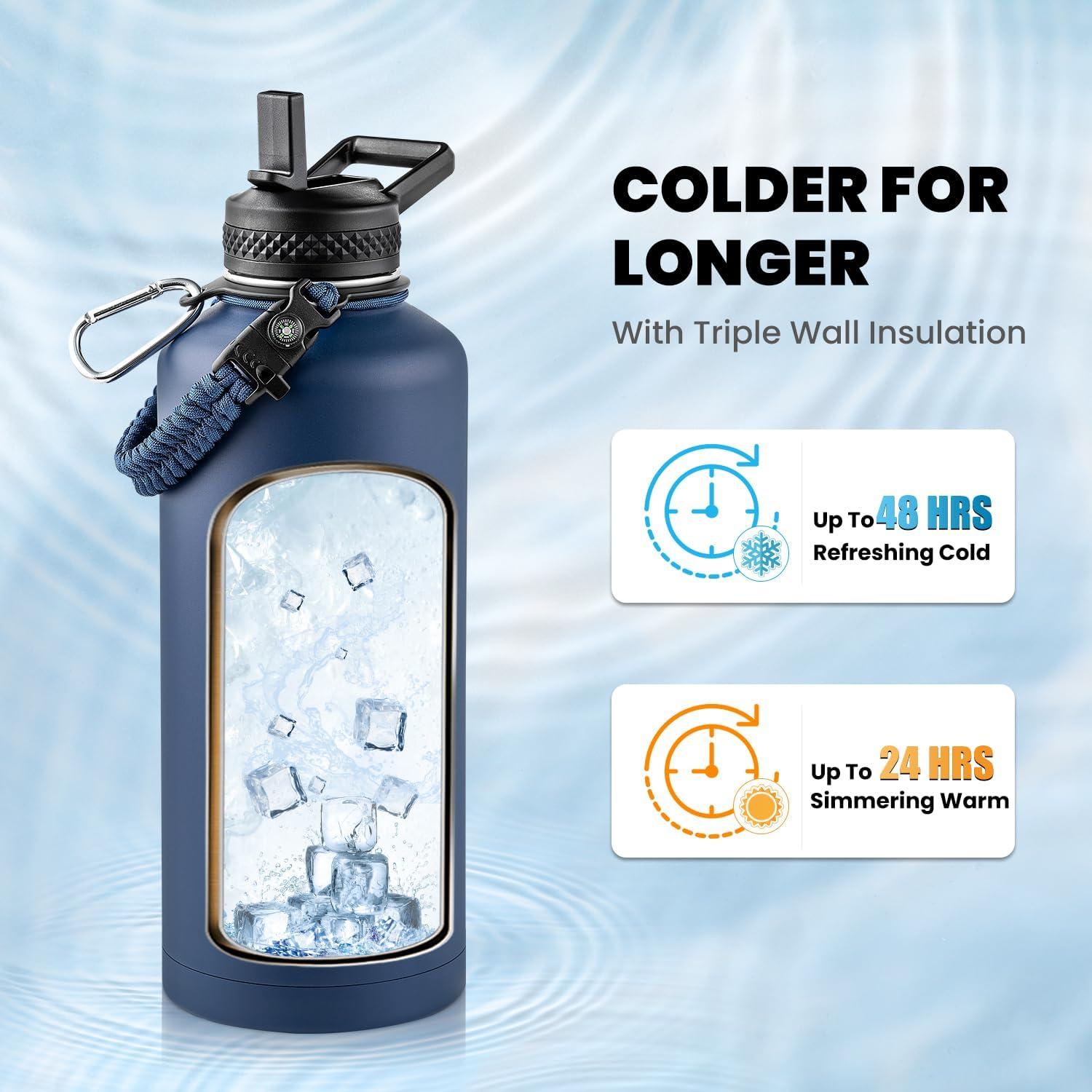 imageInsulated Water Bottle 64 oz Triple Wall Vacuum Stainless Steel Cold for 48 Hrs Leak Proof ampamp NonBPA Half Gallon Water Flask Jug with Paracord Handle ampamp Straw Spout LidsNavy Blue