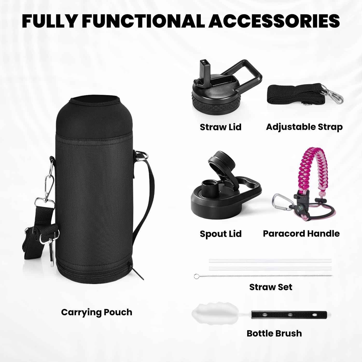 imageInsulated Water Bottle 64 oz Triple Wall Vacuum Stainless Steel Cold for 48 Hrs Leak Proof ampamp NonBPA Half Gallon Water Flask Jug with Paracord Handle ampamp Straw Spout LidsOmbre Pink