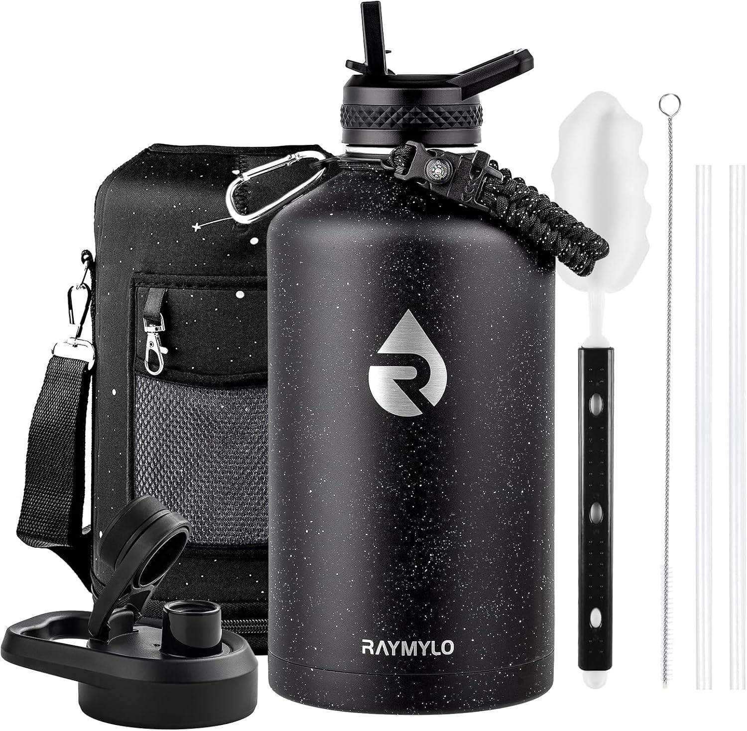 imageInsulated Water Bottle 64 oz Triple Wall Vacuum Stainless Steel Cold for 48 Hrs Leak Proof ampamp NonBPA Half Gallon Water Flask Jug with Paracord Handle ampamp Straw Spout LidsStarry SkyBlack