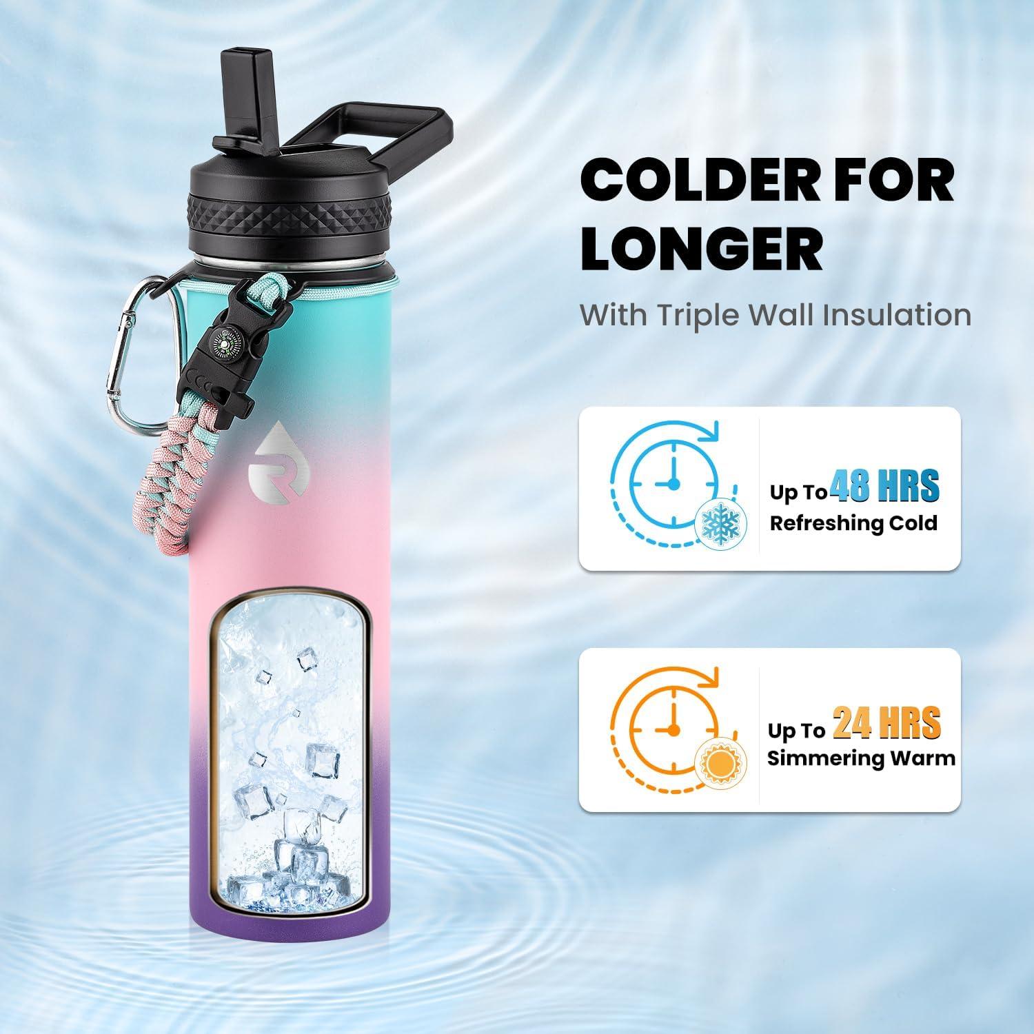 imageInsulated Water Bottle 64 oz Triple Wall Vacuum Stainless Steel Cold for 48 Hrs Leak Proof ampamp NonBPA Half Gallon Water Flask Jug with Paracord Handle ampamp Straw Spout LidsHydrangea