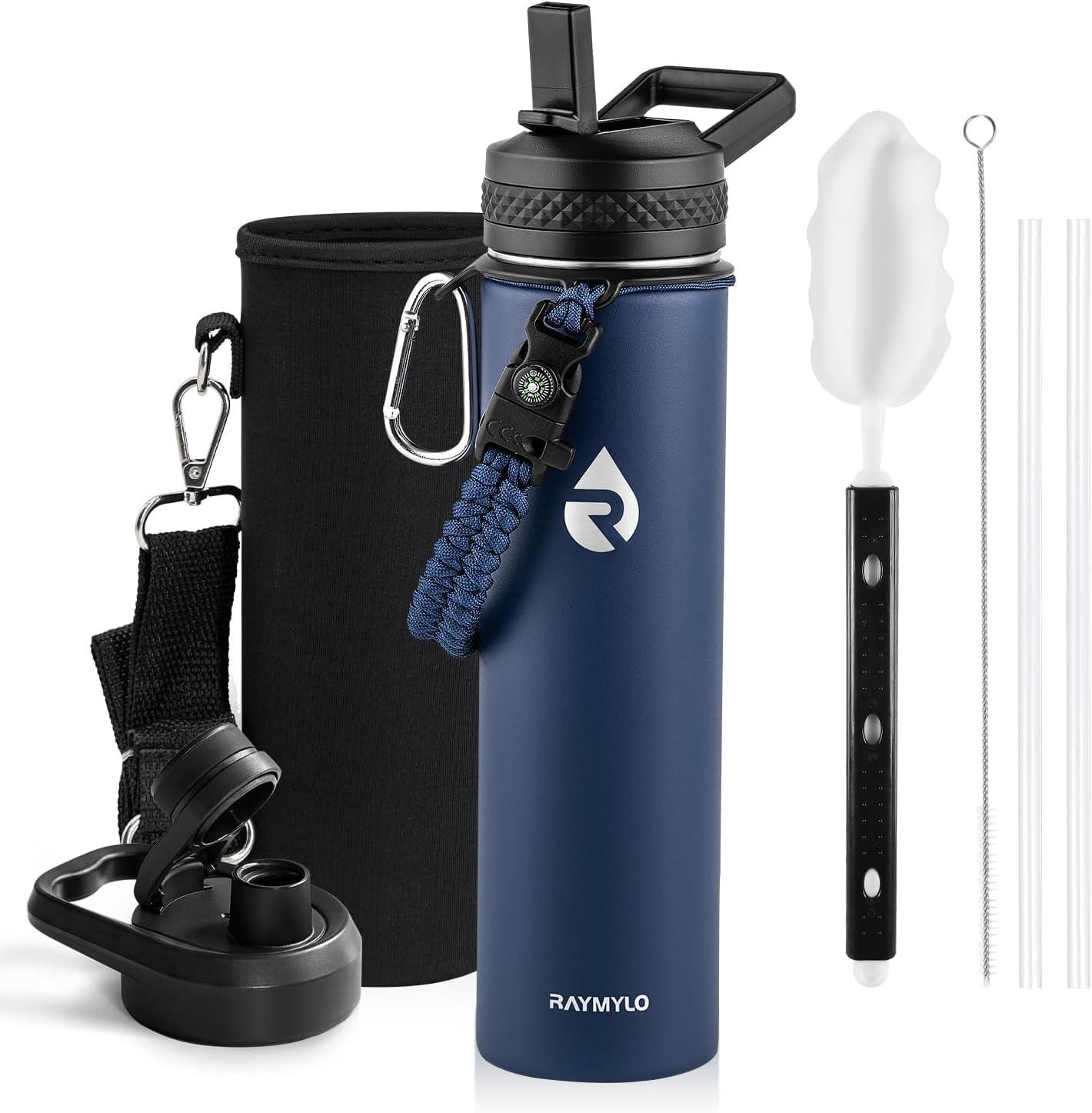 imageInsulated Water Bottle 64 oz Triple Wall Vacuum Stainless Steel Cold for 48 Hrs Leak Proof ampamp NonBPA Half Gallon Water Flask Jug with Paracord Handle ampamp Straw Spout LidsNavy Blue