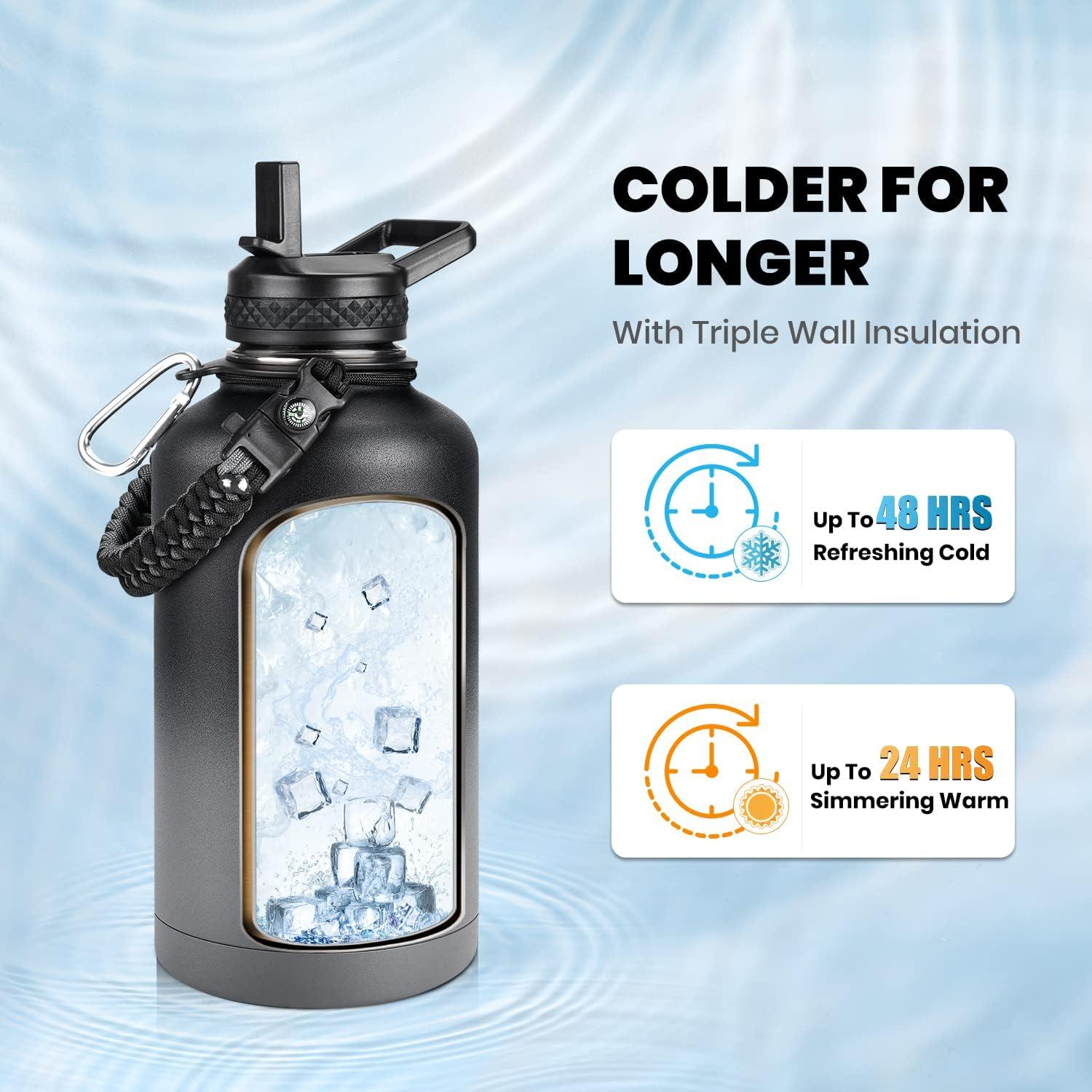 imageInsulated Water Bottle 64 oz Triple Wall Vacuum Stainless Steel Cold for 48 Hrs Leak Proof ampamp NonBPA Half Gallon Water Flask Jug with Paracord Handle ampamp Straw Spout LidsDark Gray
