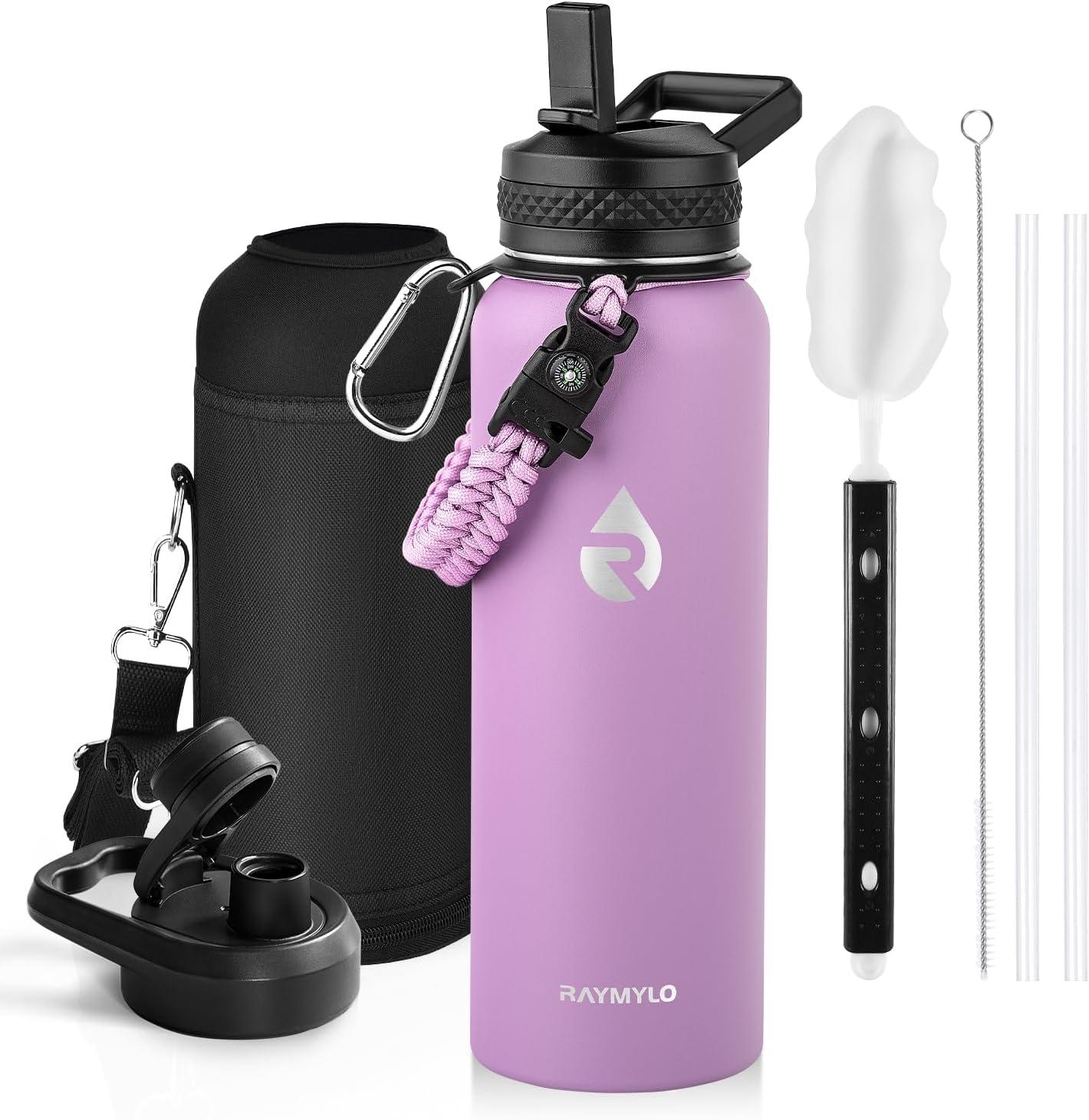 imageInsulated Water Bottle 64 oz Triple Wall Vacuum Stainless Steel Cold for 48 Hrs Leak Proof ampamp NonBPA Half Gallon Water Flask Jug with Paracord Handle ampamp Straw Spout LidsLilac