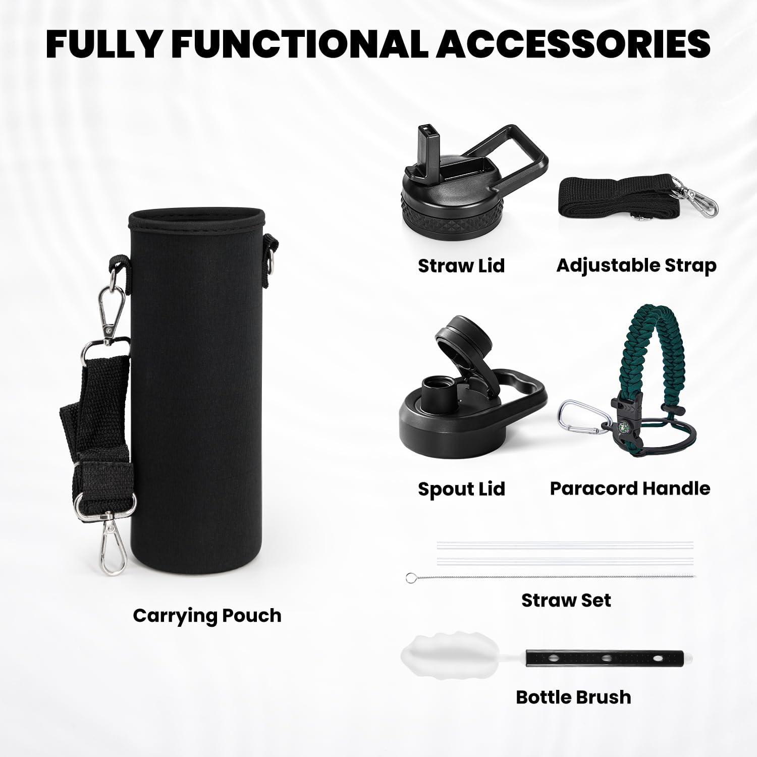 imageInsulated Water Bottle 64 oz Triple Wall Vacuum Stainless Steel Cold for 48 Hrs Leak Proof ampamp NonBPA Half Gallon Water Flask Jug with Paracord Handle ampamp Straw Spout LidsDark Green