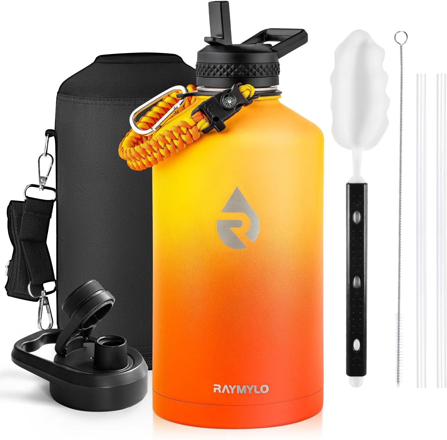 imageInsulated Water Bottle 64 oz Triple Wall Vacuum Stainless Steel Cold for 48 Hrs Leak Proof ampamp NonBPA Half Gallon Water Flask Jug with Paracord Handle ampamp Straw Spout LidsOmbre Orange