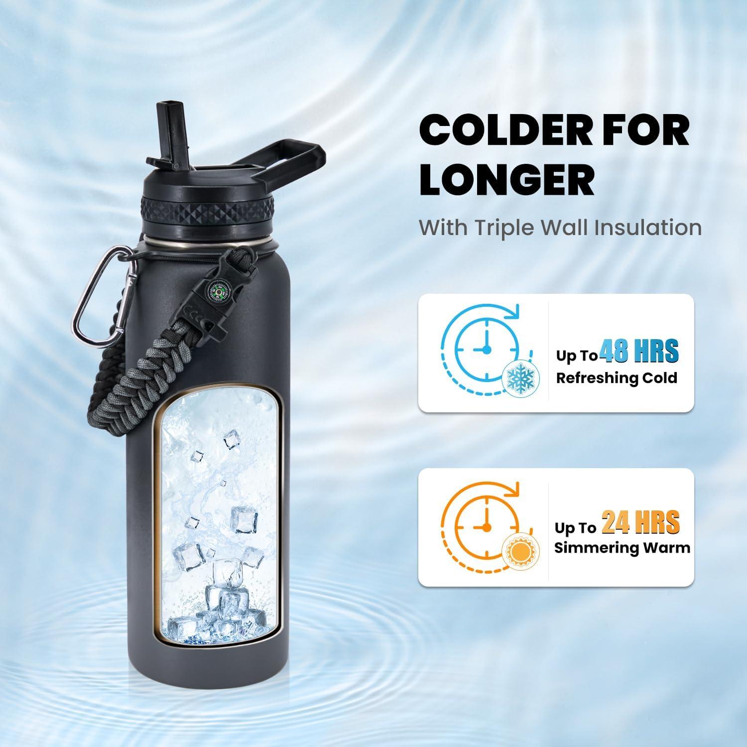 imageInsulated Water Bottle 64 oz Triple Wall Vacuum Stainless Steel Cold for 48 Hrs Leak Proof ampamp NonBPA Half Gallon Water Flask Jug with Paracord Handle ampamp Straw Spout LidsDark Gray