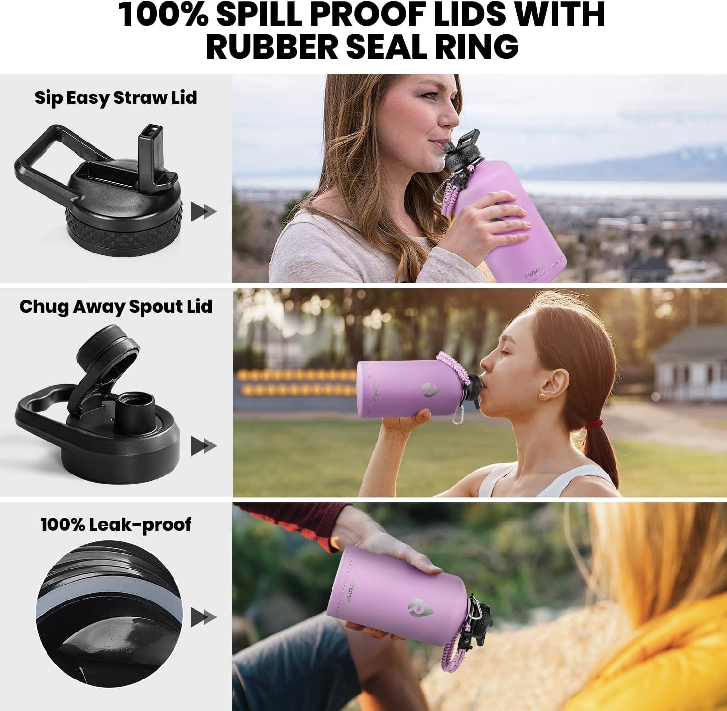 imageInsulated Water Bottle 64 oz Triple Wall Vacuum Stainless Steel Cold for 48 Hrs Leak Proof ampamp NonBPA Half Gallon Water Flask Jug with Paracord Handle ampamp Straw Spout LidsLilac