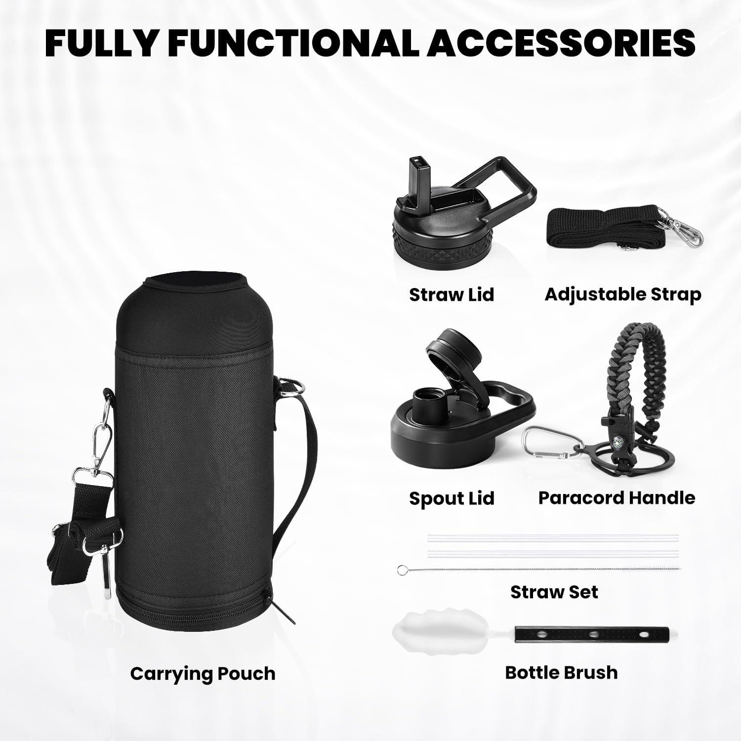 imageInsulated Water Bottle 64 oz Triple Wall Vacuum Stainless Steel Cold for 48 Hrs Leak Proof ampamp NonBPA Half Gallon Water Flask Jug with Paracord Handle ampamp Straw Spout LidsDark Gray