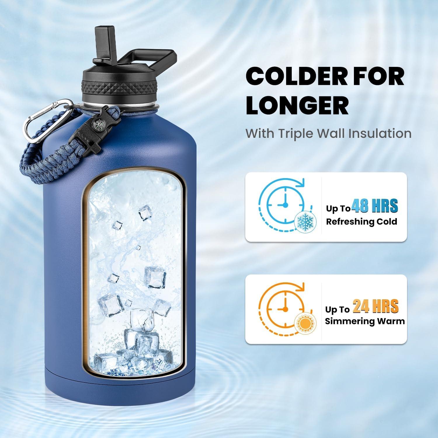 imageInsulated Water Bottle 64 oz Triple Wall Vacuum Stainless Steel Cold for 48 Hrs Leak Proof ampamp NonBPA Half Gallon Water Flask Jug with Paracord Handle ampamp Straw Spout LidsNavy Blue