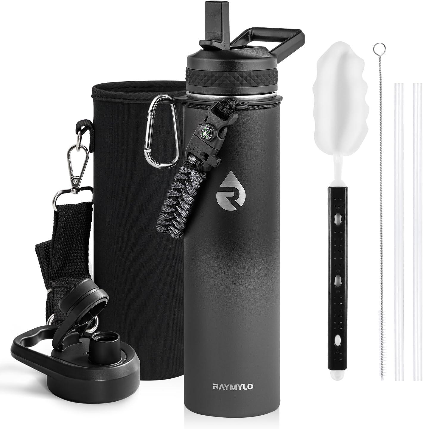 imageInsulated Water Bottle 64 oz Triple Wall Vacuum Stainless Steel Cold for 48 Hrs Leak Proof ampamp NonBPA Half Gallon Water Flask Jug with Paracord Handle ampamp Straw Spout LidsDark Gray