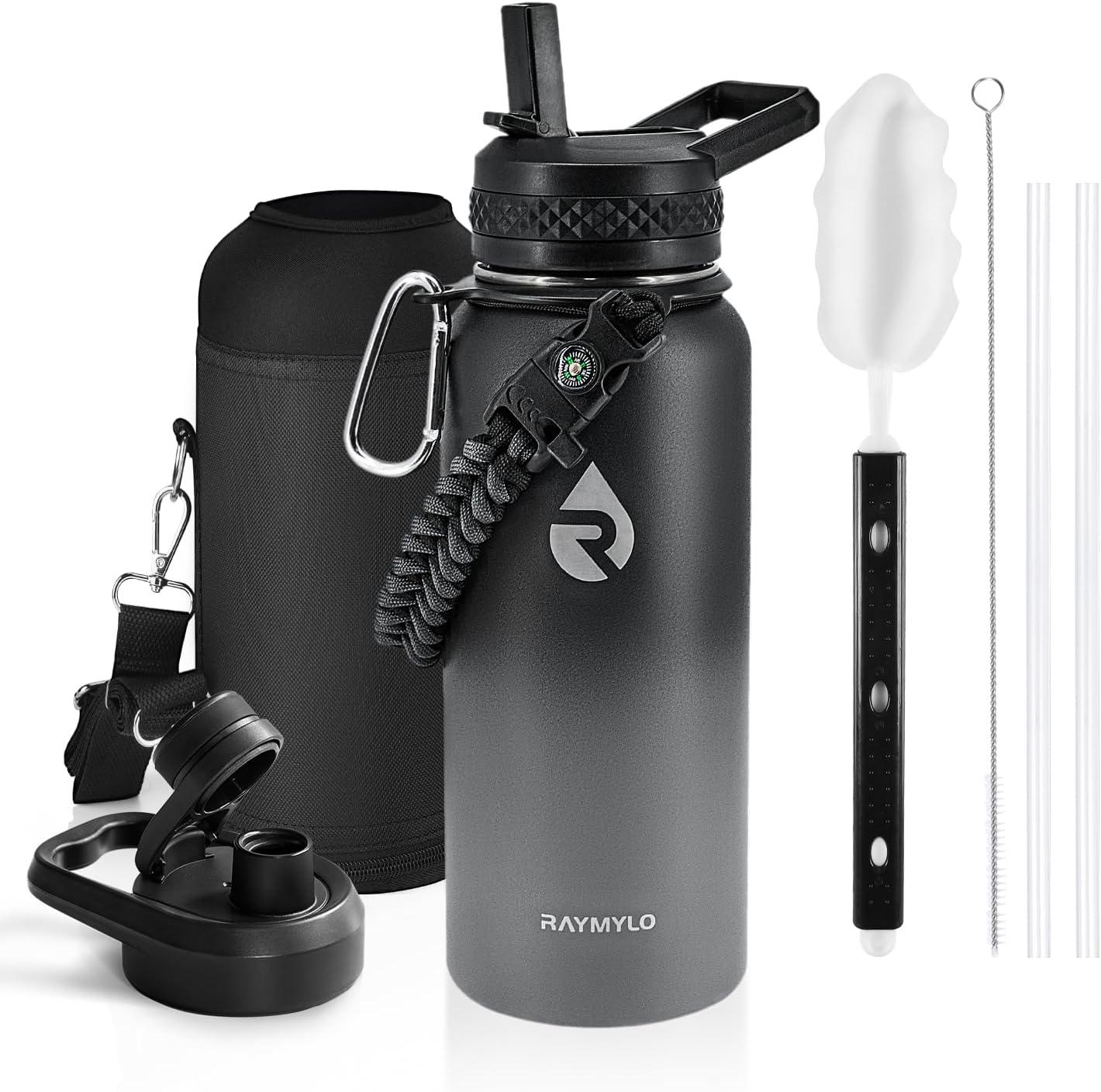 imageInsulated Water Bottle 64 oz Triple Wall Vacuum Stainless Steel Cold for 48 Hrs Leak Proof ampamp NonBPA Half Gallon Water Flask Jug with Paracord Handle ampamp Straw Spout LidsDark Gray
