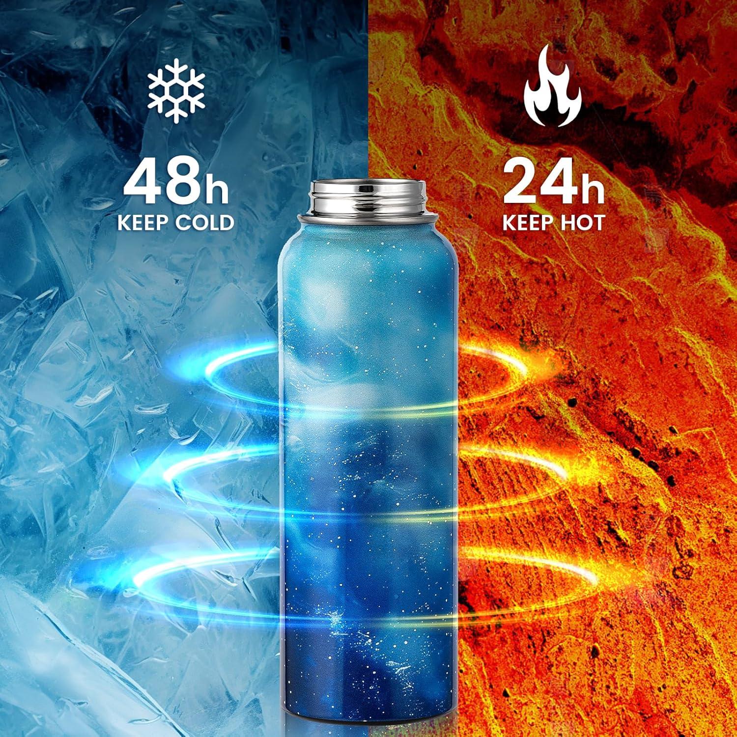 imageInsulated Water Bottle 64 oz Triple Wall Vacuum Stainless Steel Cold for 48 Hrs Leak Proof ampamp NonBPA Half Gallon Water Flask Jug with Paracord Handle ampamp Straw Spout LidsAuroraBlue