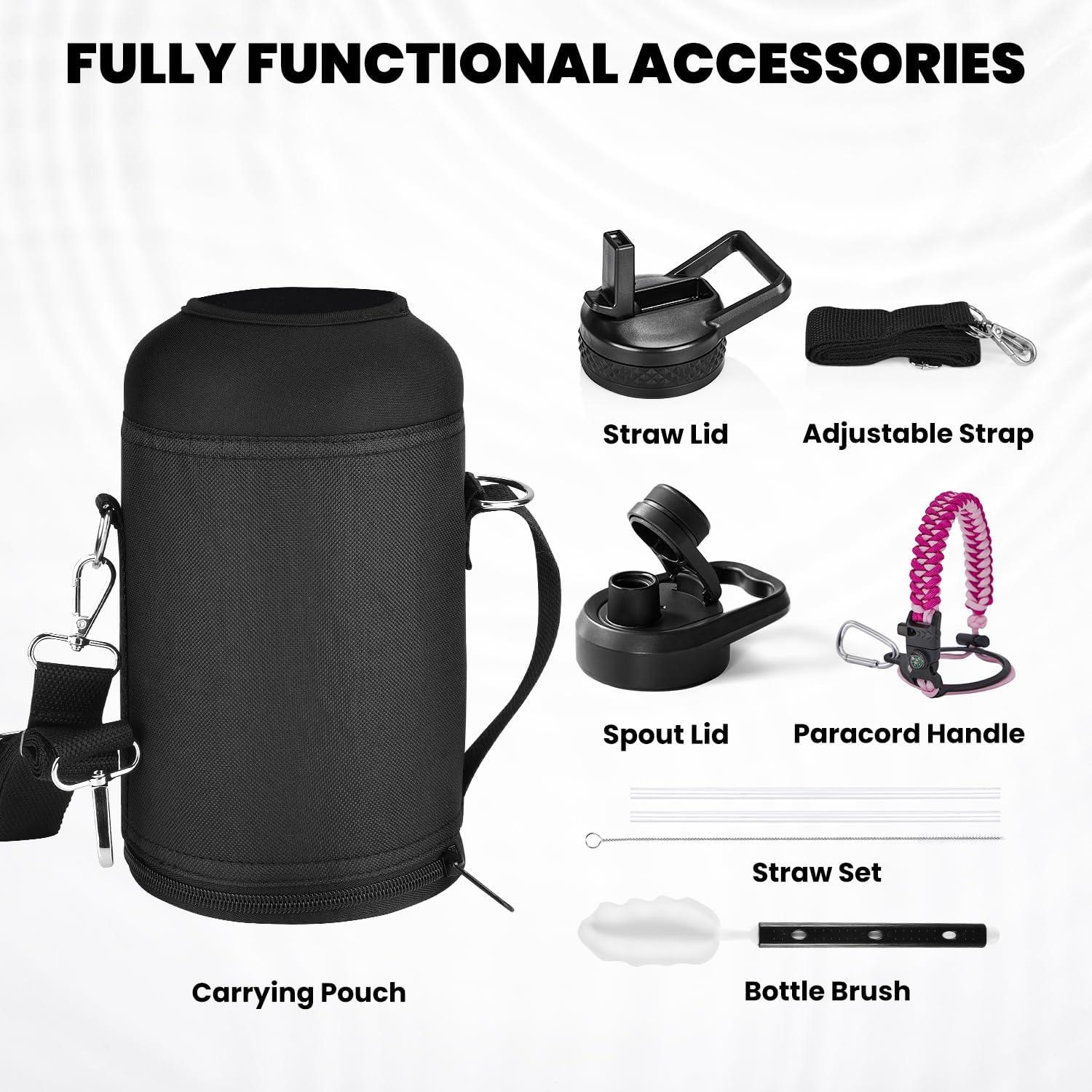 imageInsulated Water Bottle 64 oz Triple Wall Vacuum Stainless Steel Cold for 48 Hrs Leak Proof ampamp NonBPA Half Gallon Water Flask Jug with Paracord Handle ampamp Straw Spout LidsOmbre Pink