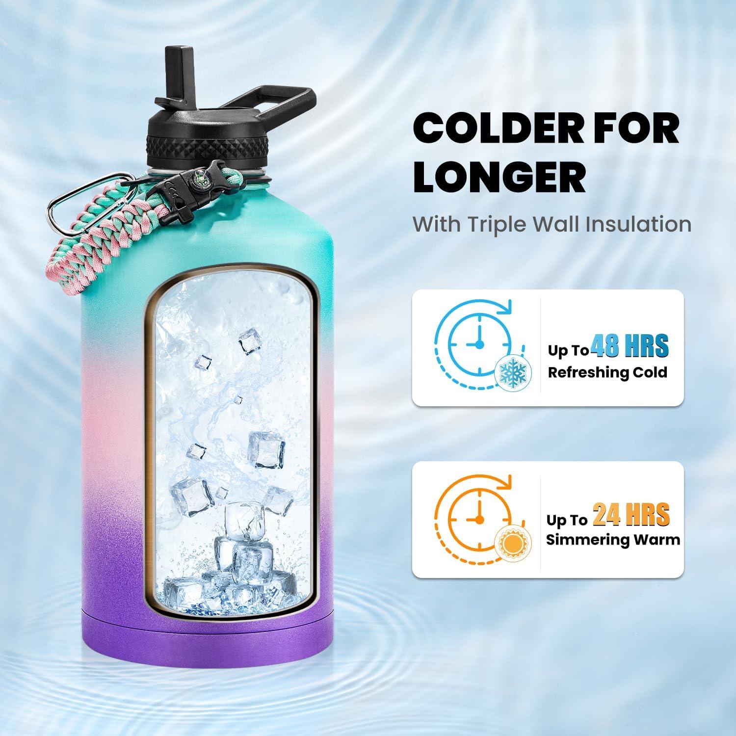 imageInsulated Water Bottle 64 oz Triple Wall Vacuum Stainless Steel Cold for 48 Hrs Leak Proof ampamp NonBPA Half Gallon Water Flask Jug with Paracord Handle ampamp Straw Spout LidsHydrangea