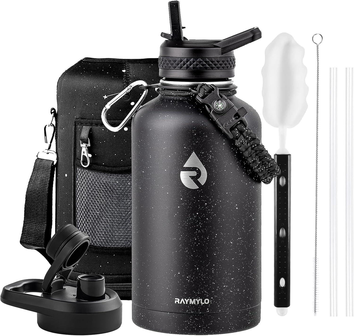 imageInsulated Water Bottle 64 oz Triple Wall Vacuum Stainless Steel Cold for 48 Hrs Leak Proof ampamp NonBPA Half Gallon Water Flask Jug with Paracord Handle ampamp Straw Spout LidsStarry SkyBlack