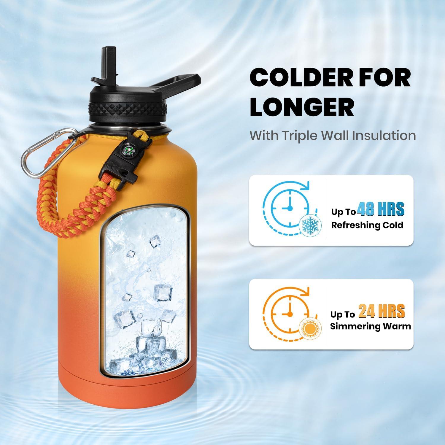 imageInsulated Water Bottle 64 oz Triple Wall Vacuum Stainless Steel Cold for 48 Hrs Leak Proof ampamp NonBPA Half Gallon Water Flask Jug with Paracord Handle ampamp Straw Spout LidsOmbre Orange