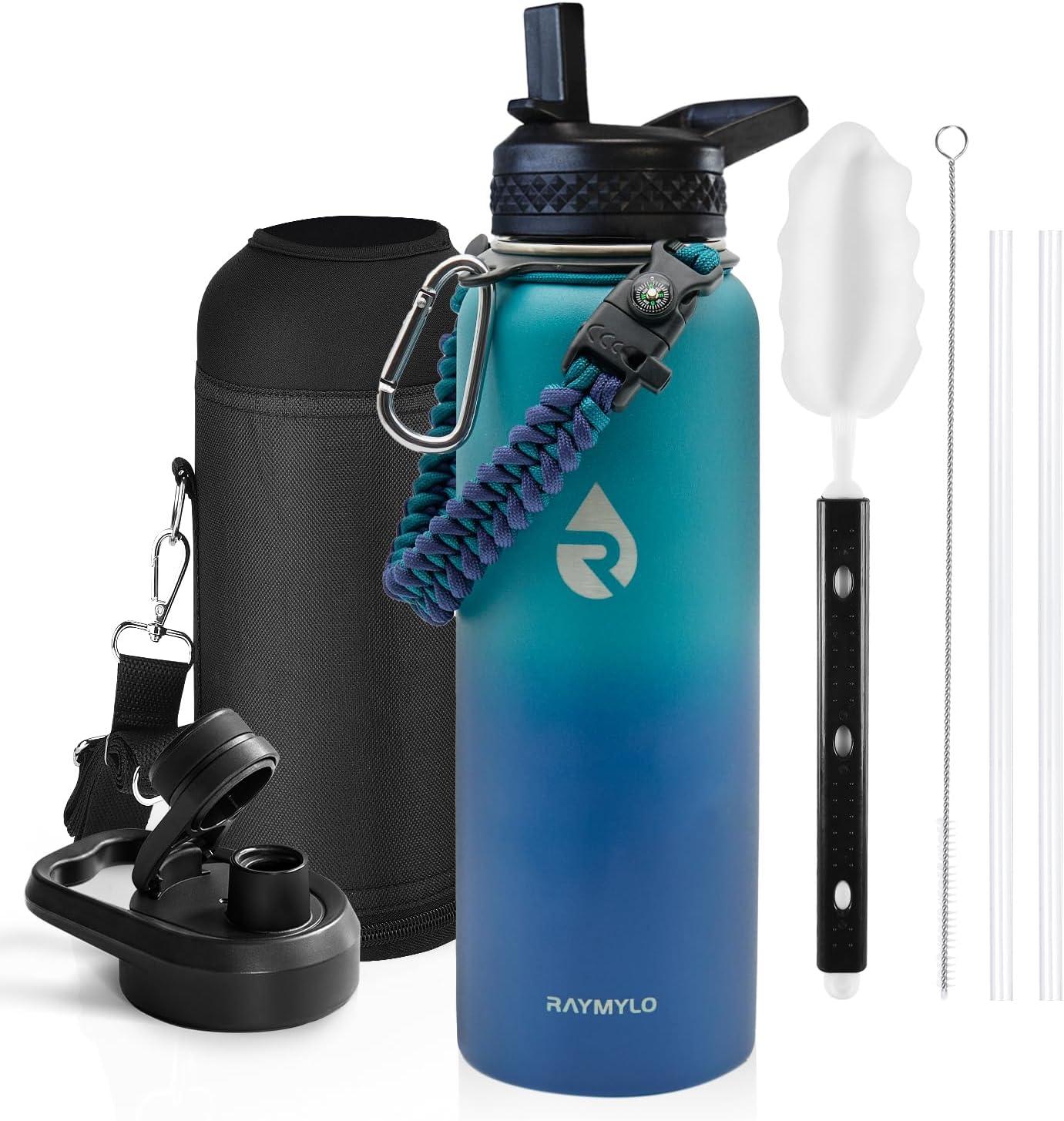 imageInsulated Water Bottle 64 oz Triple Wall Vacuum Stainless Steel Cold for 48 Hrs Leak Proof ampamp NonBPA Half Gallon Water Flask Jug with Paracord Handle ampamp Straw Spout LidsCyan Blue