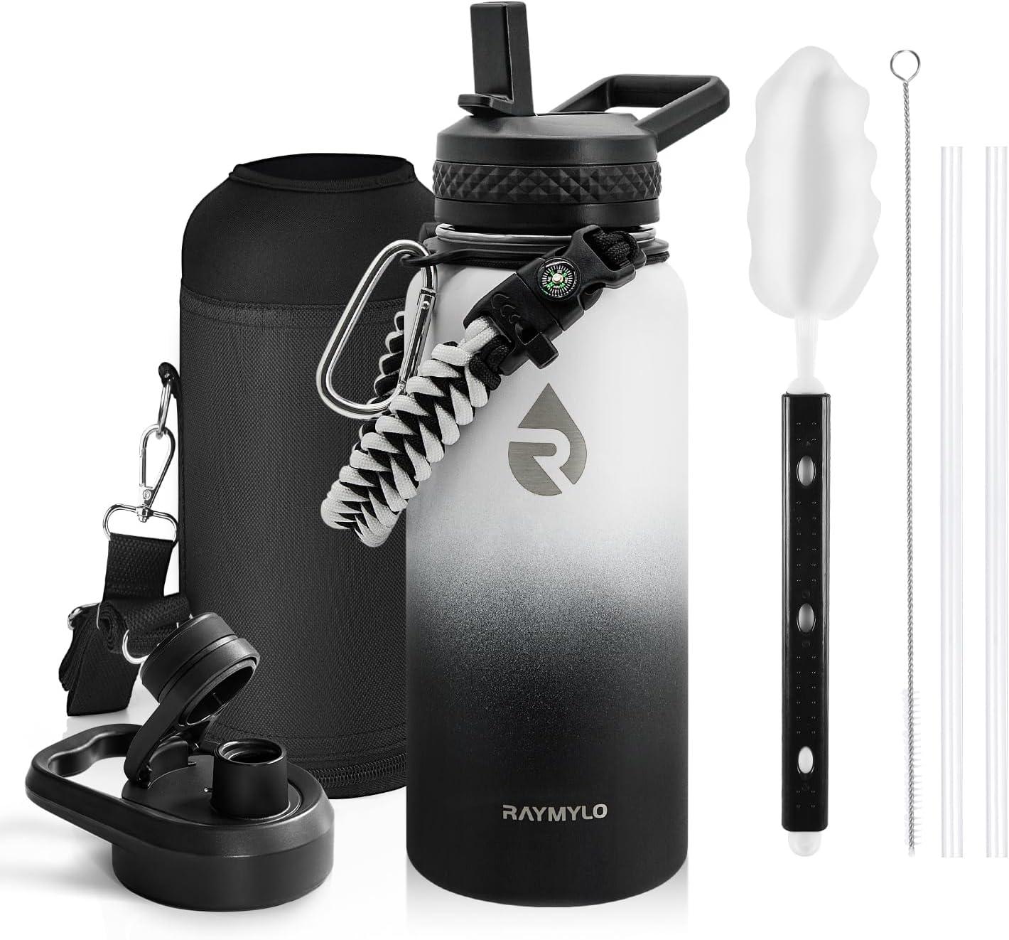 imageInsulated Water Bottle 64 oz Triple Wall Vacuum Stainless Steel Cold for 48 Hrs Leak Proof ampamp NonBPA Half Gallon Water Flask Jug with Paracord Handle ampamp Straw Spout LidsOmbre WhiteBlack