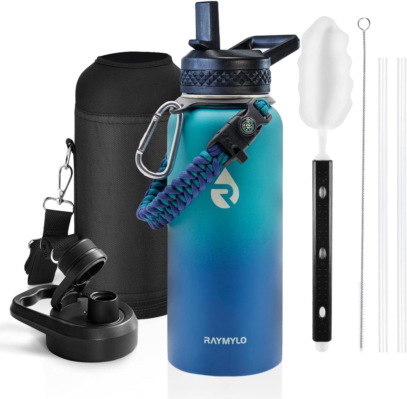 imageInsulated Water Bottle 64 oz Triple Wall Vacuum Stainless Steel Cold for 48 Hrs Leak Proof ampamp NonBPA Half Gallon Water Flask Jug with Paracord Handle ampamp Straw Spout LidsCyan Blue