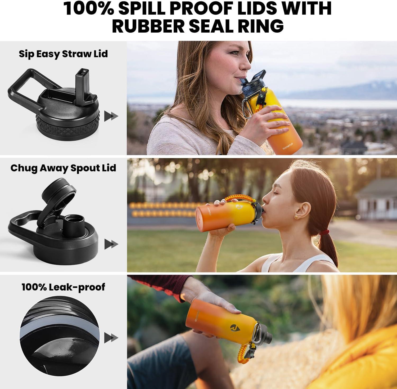 imageInsulated Water Bottle 64 oz Triple Wall Vacuum Stainless Steel Cold for 48 Hrs Leak Proof ampamp NonBPA Half Gallon Water Flask Jug with Paracord Handle ampamp Straw Spout LidsOmbre Orange