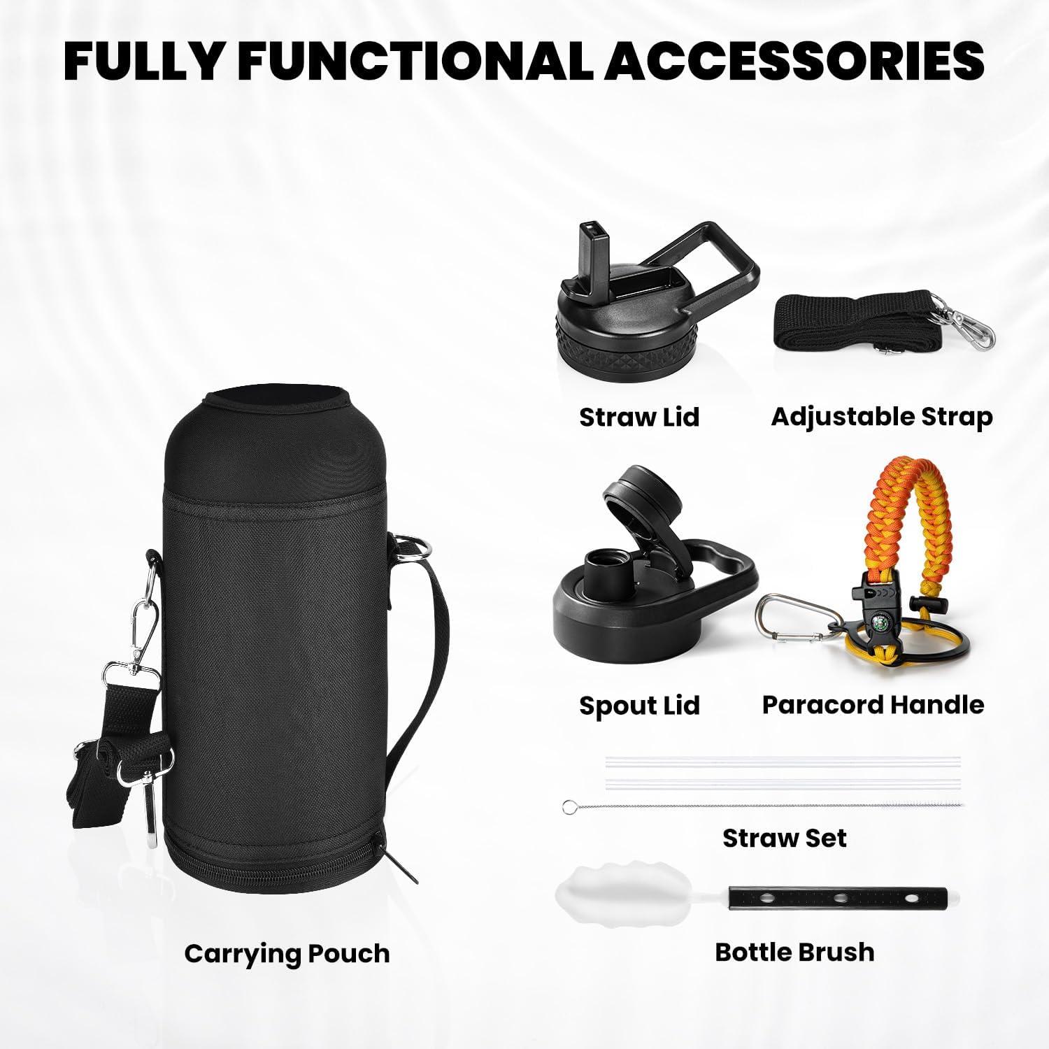imageInsulated Water Bottle 64 oz Triple Wall Vacuum Stainless Steel Cold for 48 Hrs Leak Proof ampamp NonBPA Half Gallon Water Flask Jug with Paracord Handle ampamp Straw Spout LidsOmbre Orange
