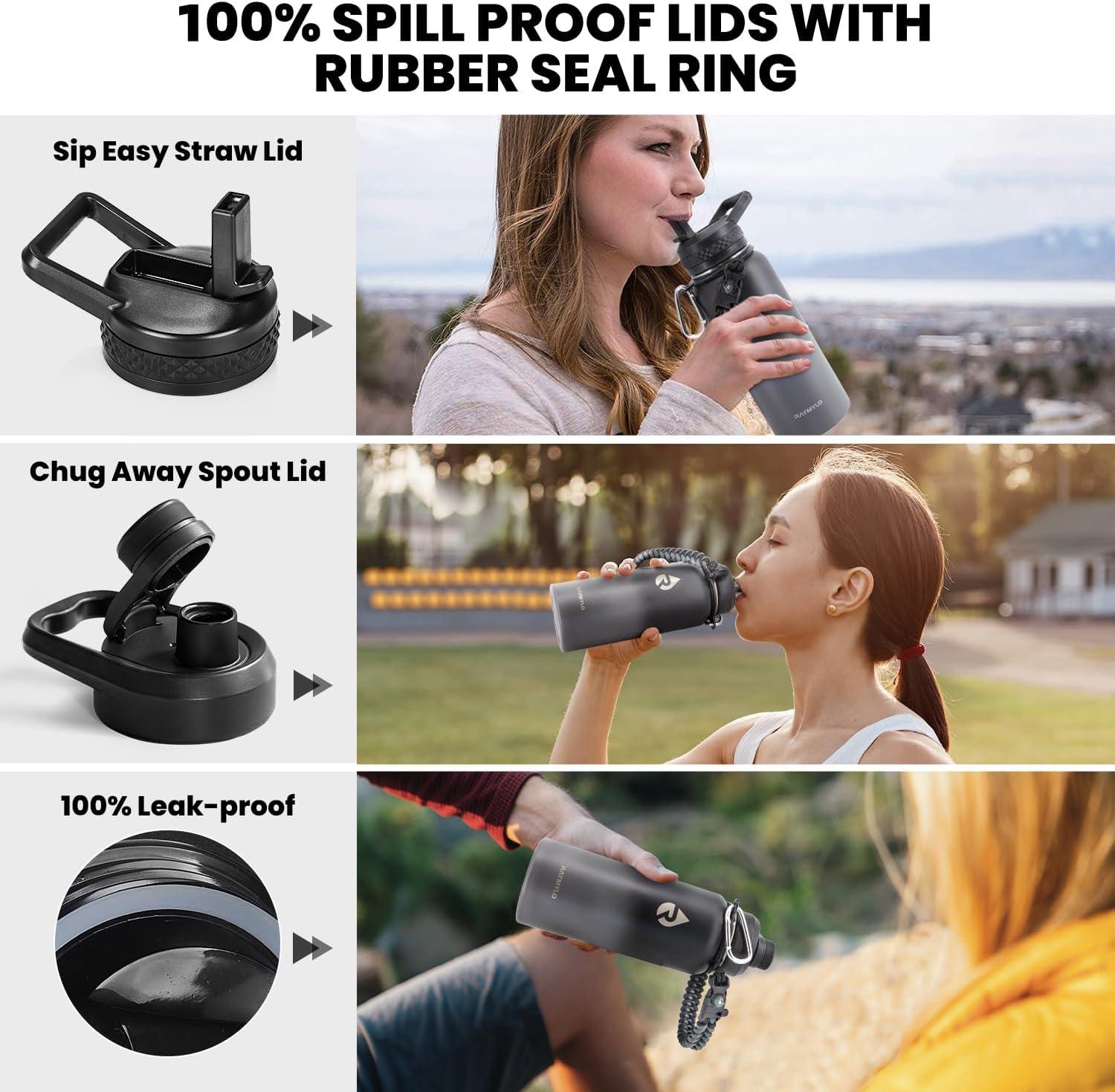 imageInsulated Water Bottle 64 oz Triple Wall Vacuum Stainless Steel Cold for 48 Hrs Leak Proof ampamp NonBPA Half Gallon Water Flask Jug with Paracord Handle ampamp Straw Spout LidsDark Gray